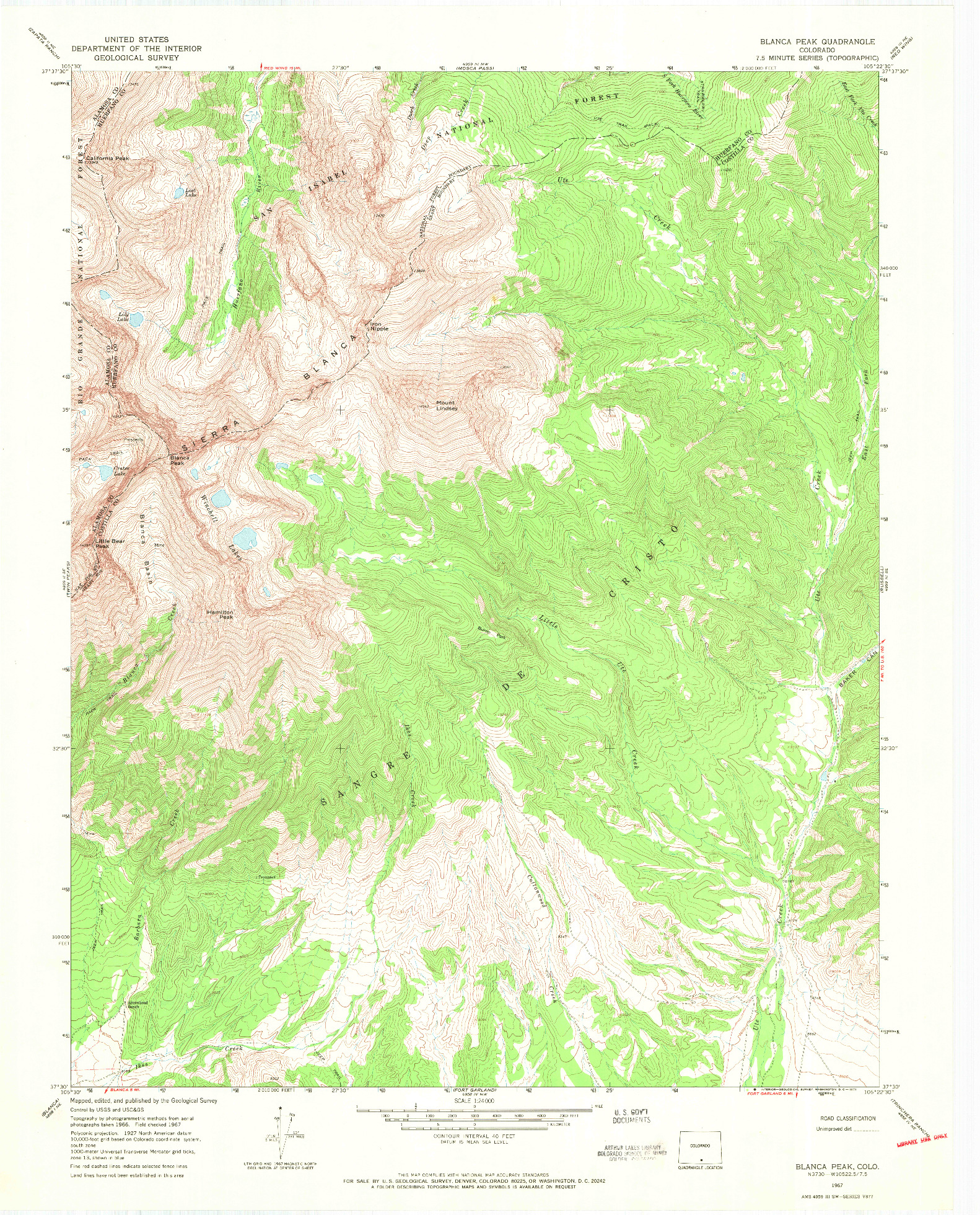 USGS 1:24000-SCALE QUADRANGLE FOR BLANCA PEAK, CO 1967