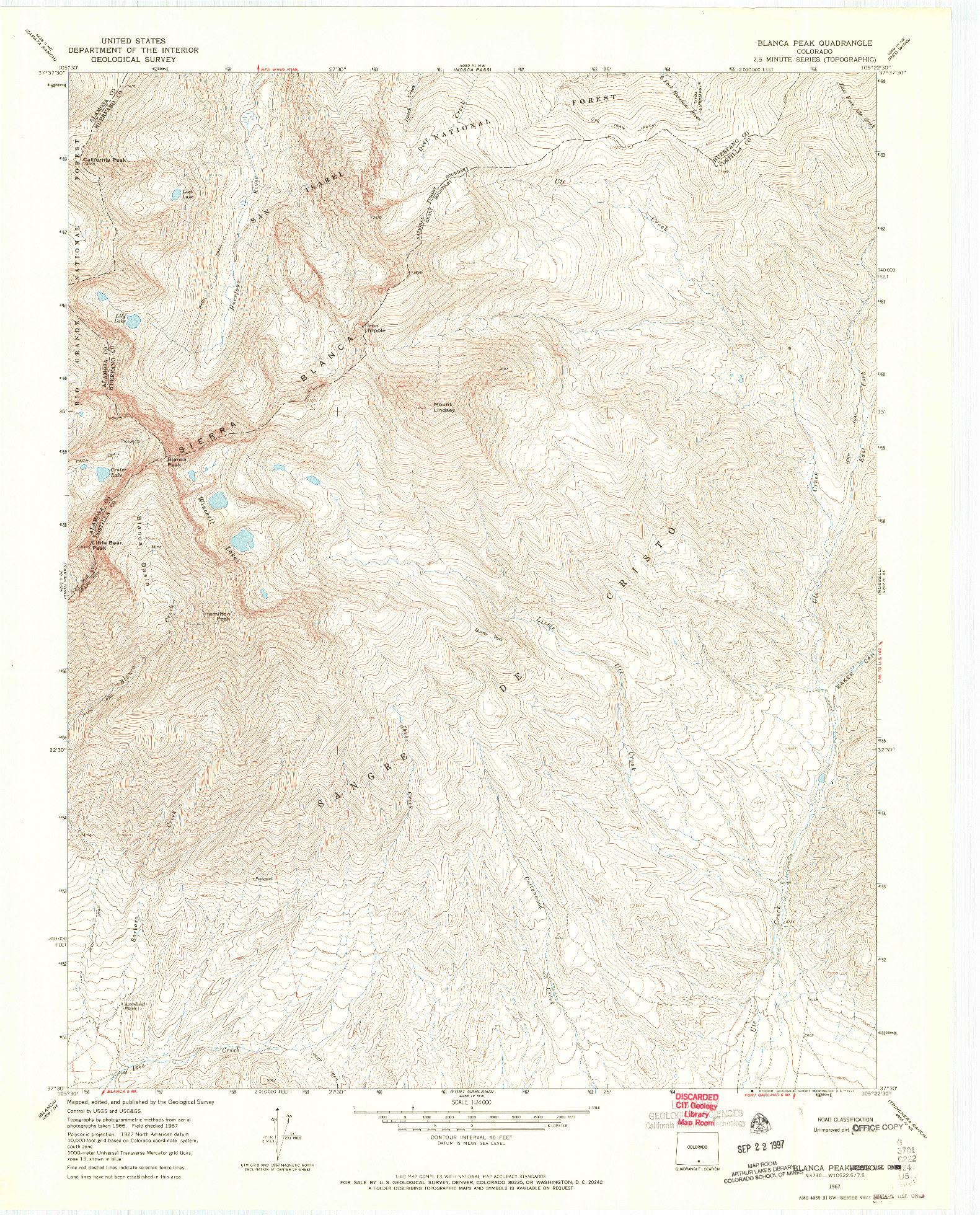 USGS 1:24000-SCALE QUADRANGLE FOR BLANCA PEAK, CO 1967