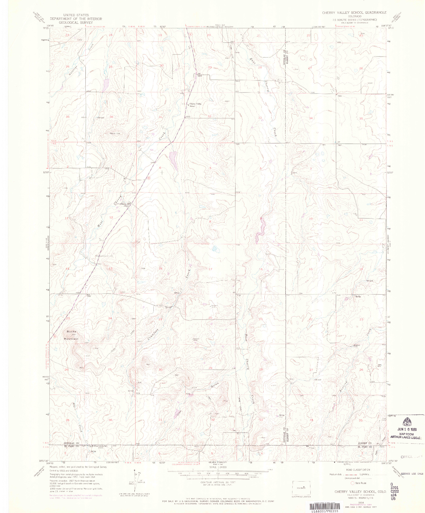 USGS 1:24000-SCALE QUADRANGLE FOR CHERRY VALLEY SCHOOL, CO 1954