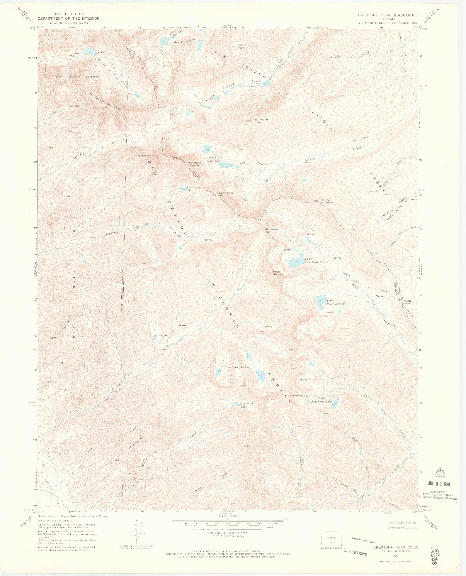 USGS 1:24000-SCALE QUADRANGLE FOR CRESTONE PEAK, CO 1967