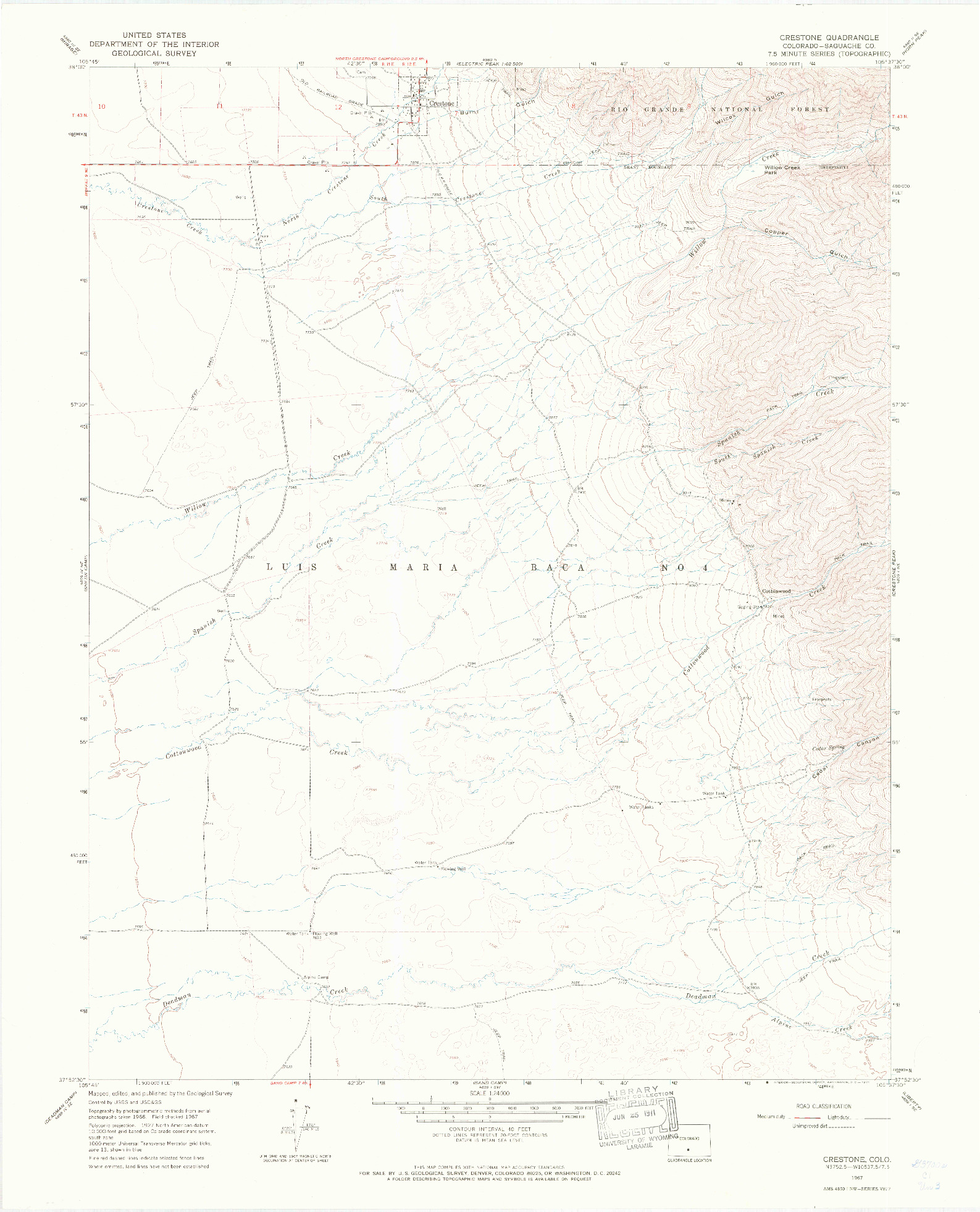 USGS 1:24000-SCALE QUADRANGLE FOR CRESTONE, CO 1967