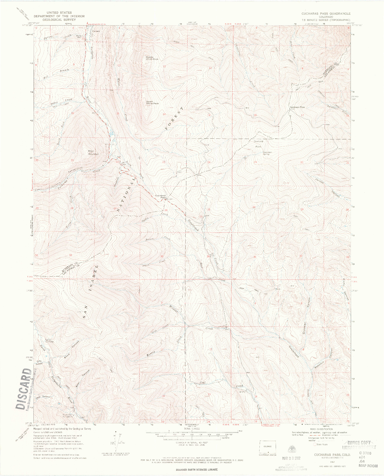 USGS 1:24000-SCALE QUADRANGLE FOR CUCHARAS PASS, CO 1967