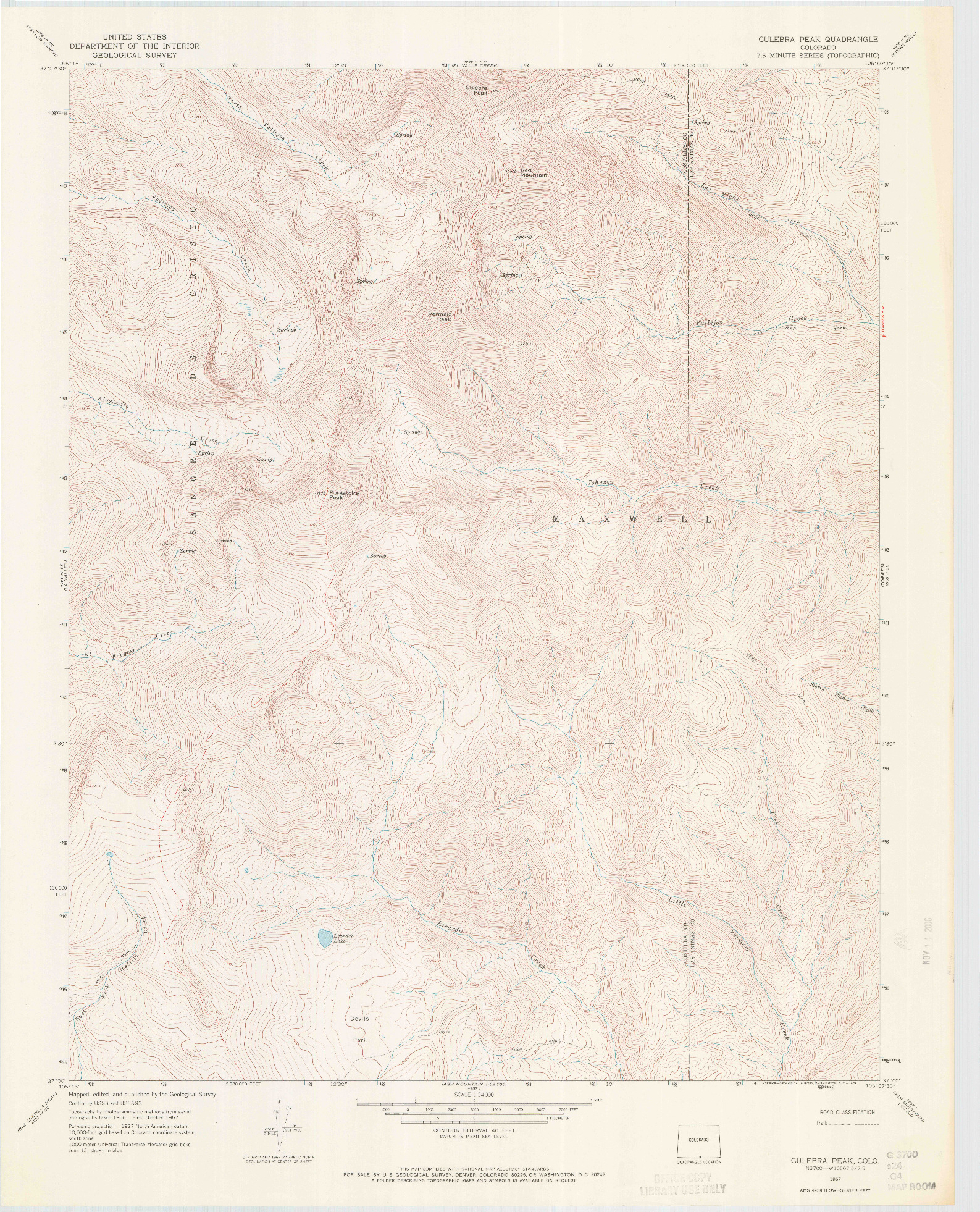 USGS 1:24000-SCALE QUADRANGLE FOR CULEBRA PEAK, CO 1967