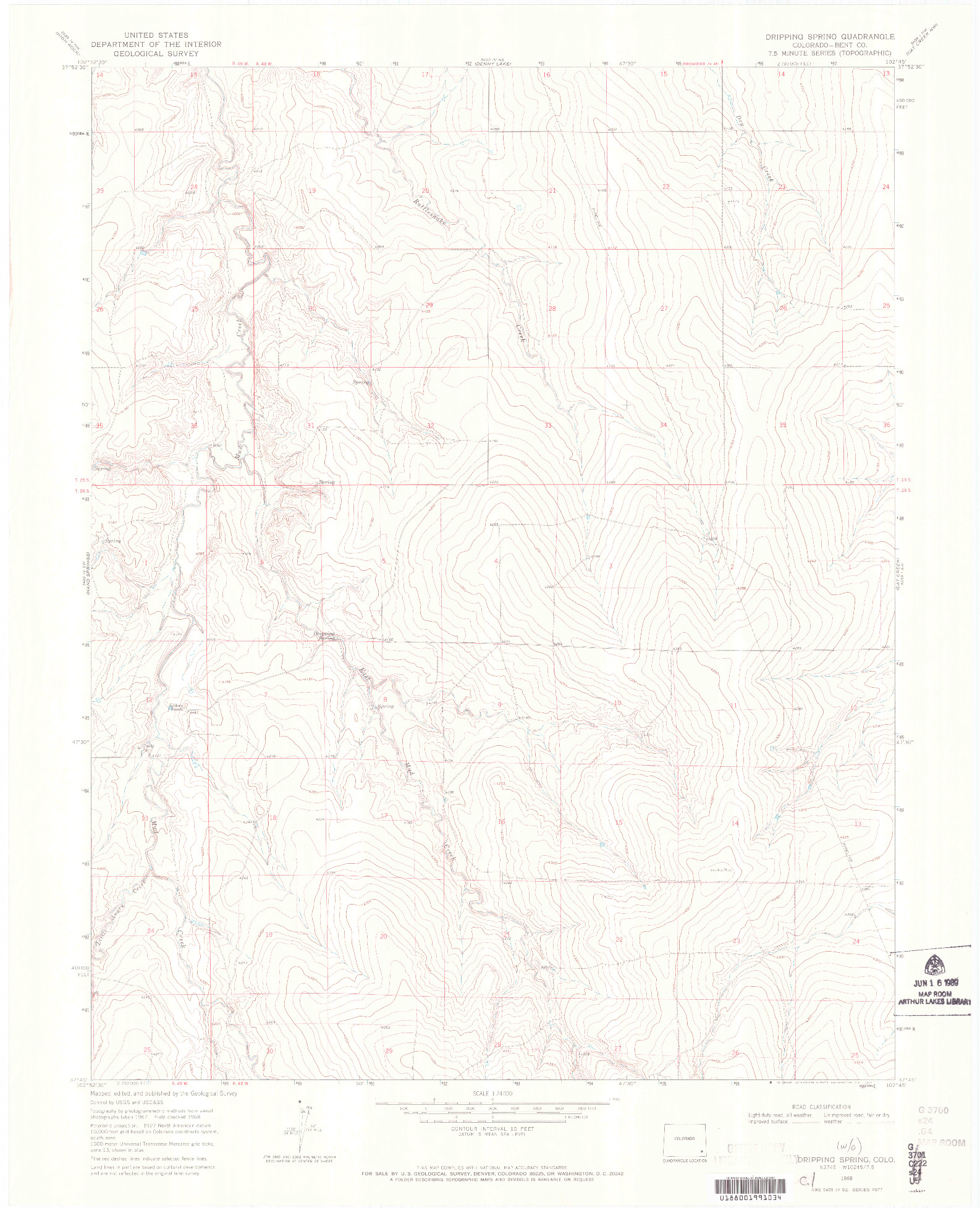 USGS 1:24000-SCALE QUADRANGLE FOR DRIPPING SPRING, CO 1968