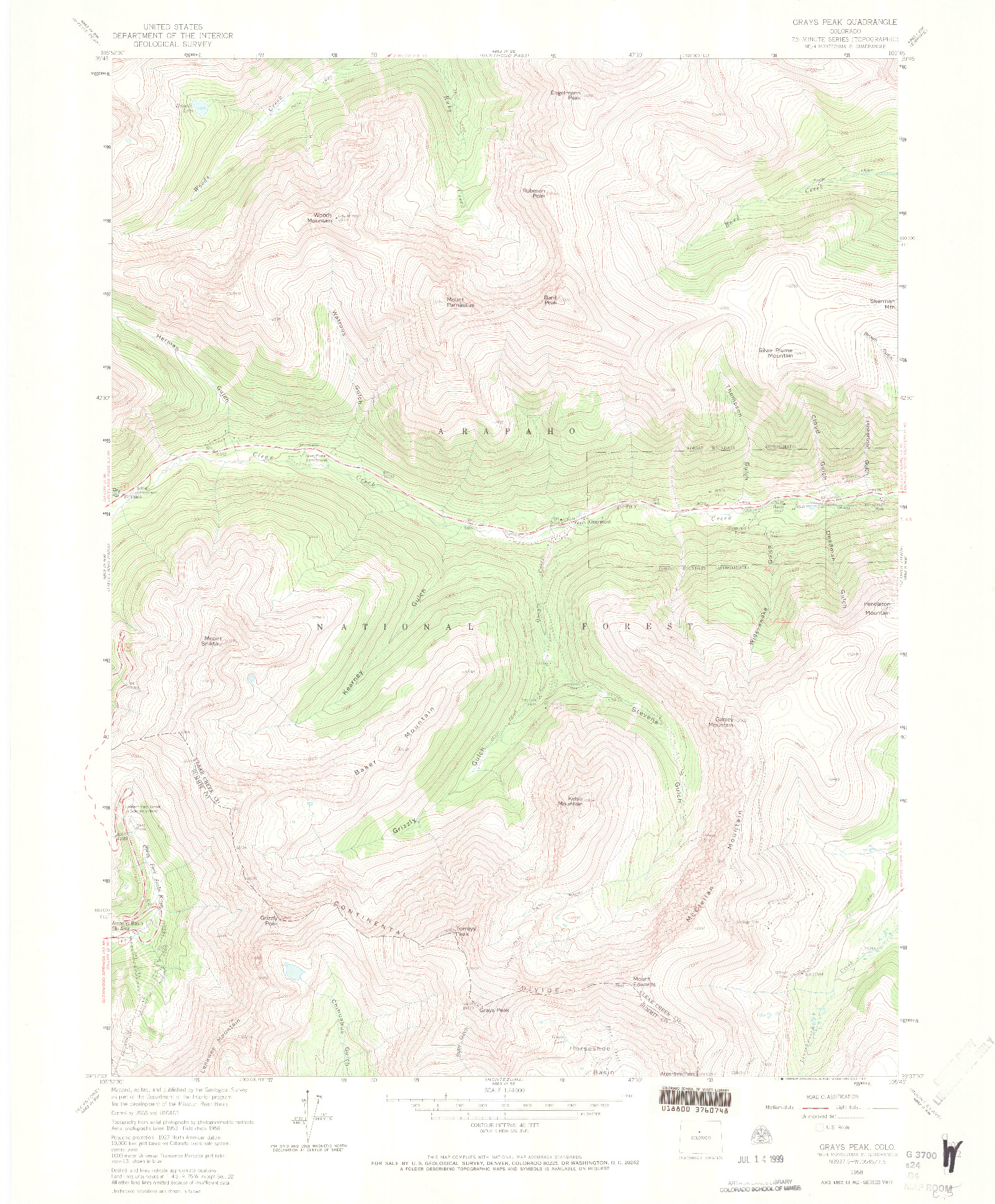 USGS 1:24000-SCALE QUADRANGLE FOR GRAYS PEAK, CO 1958