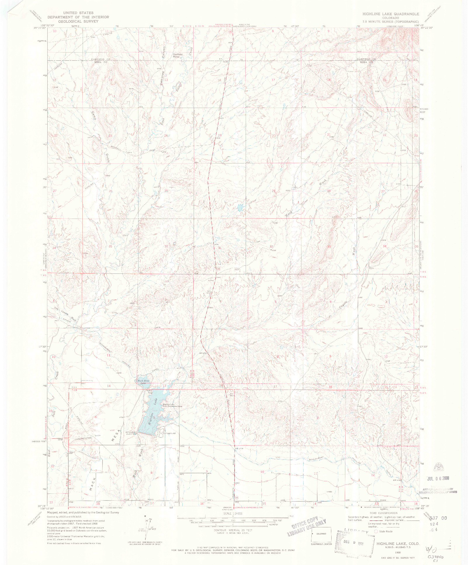 USGS 1:24000-SCALE QUADRANGLE FOR HIGHLINE LAKE, CO 1968