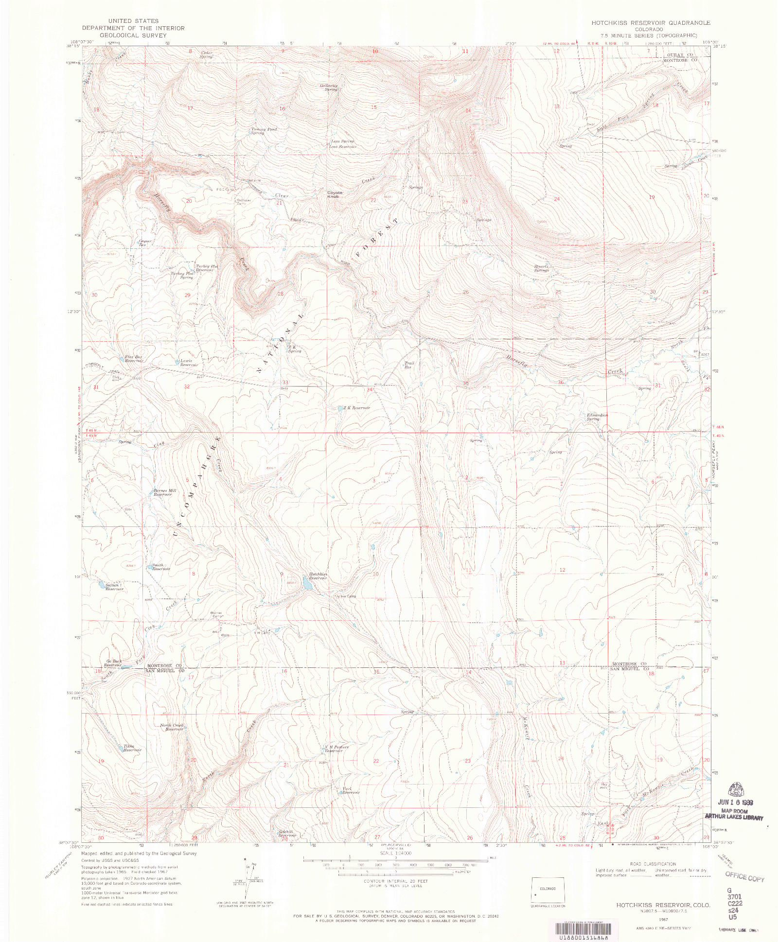 USGS 1:24000-SCALE QUADRANGLE FOR HOTCHKISS RESERVOIR, CO 1967