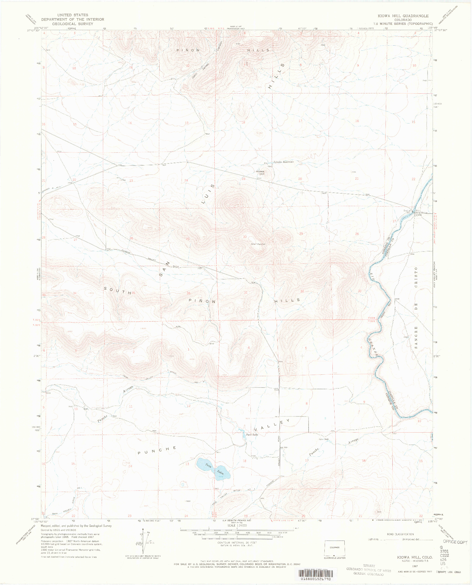 USGS 1:24000-SCALE QUADRANGLE FOR KIOWA HILL, CO 1967