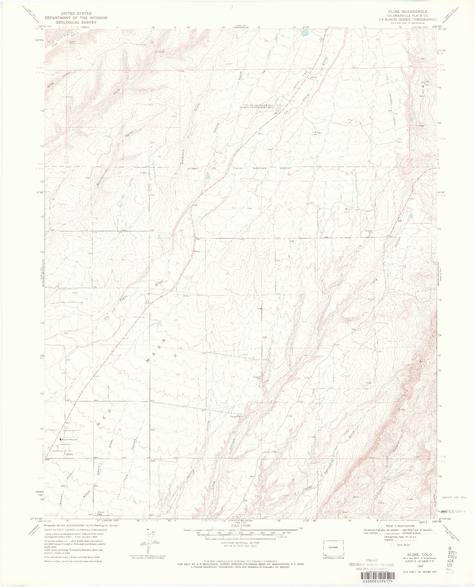 USGS 1:24000-SCALE QUADRANGLE FOR KLINE, CO 1968