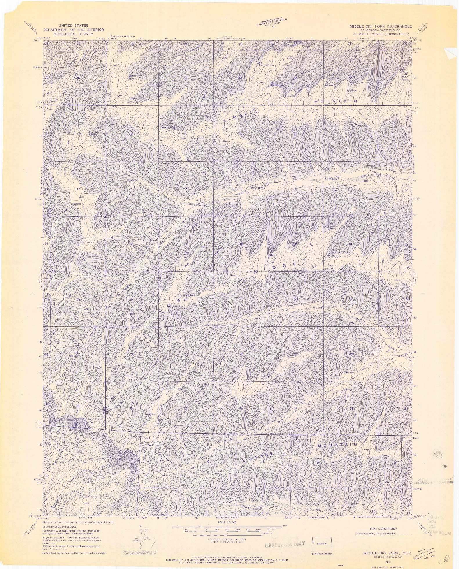USGS 1:24000-SCALE QUADRANGLE FOR MIDDLE DRY FORK, CO 1968