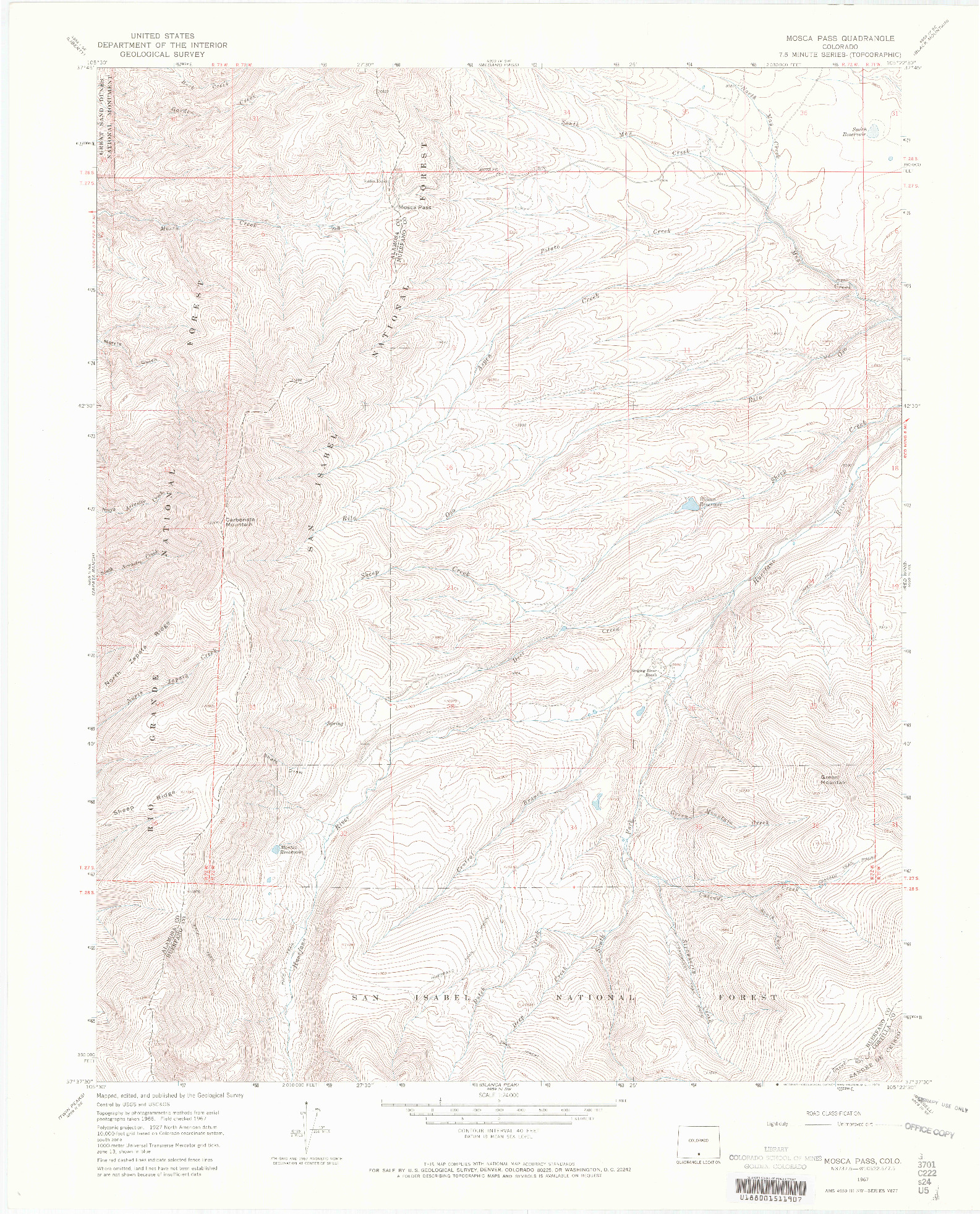 USGS 1:24000-SCALE QUADRANGLE FOR MOSCA PASS, CO 1967