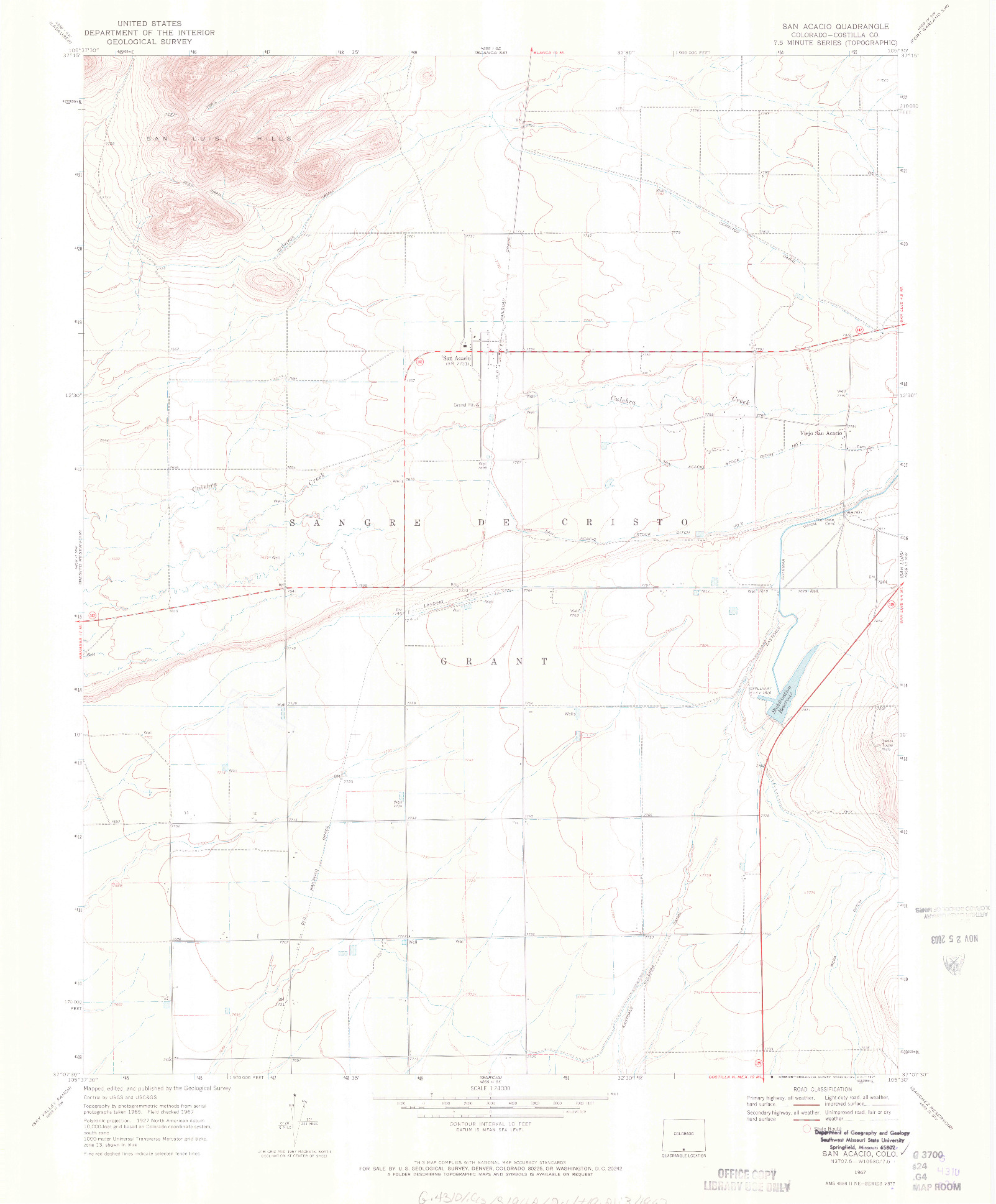 USGS 1:24000-SCALE QUADRANGLE FOR SAN ACACIO, CO 1967