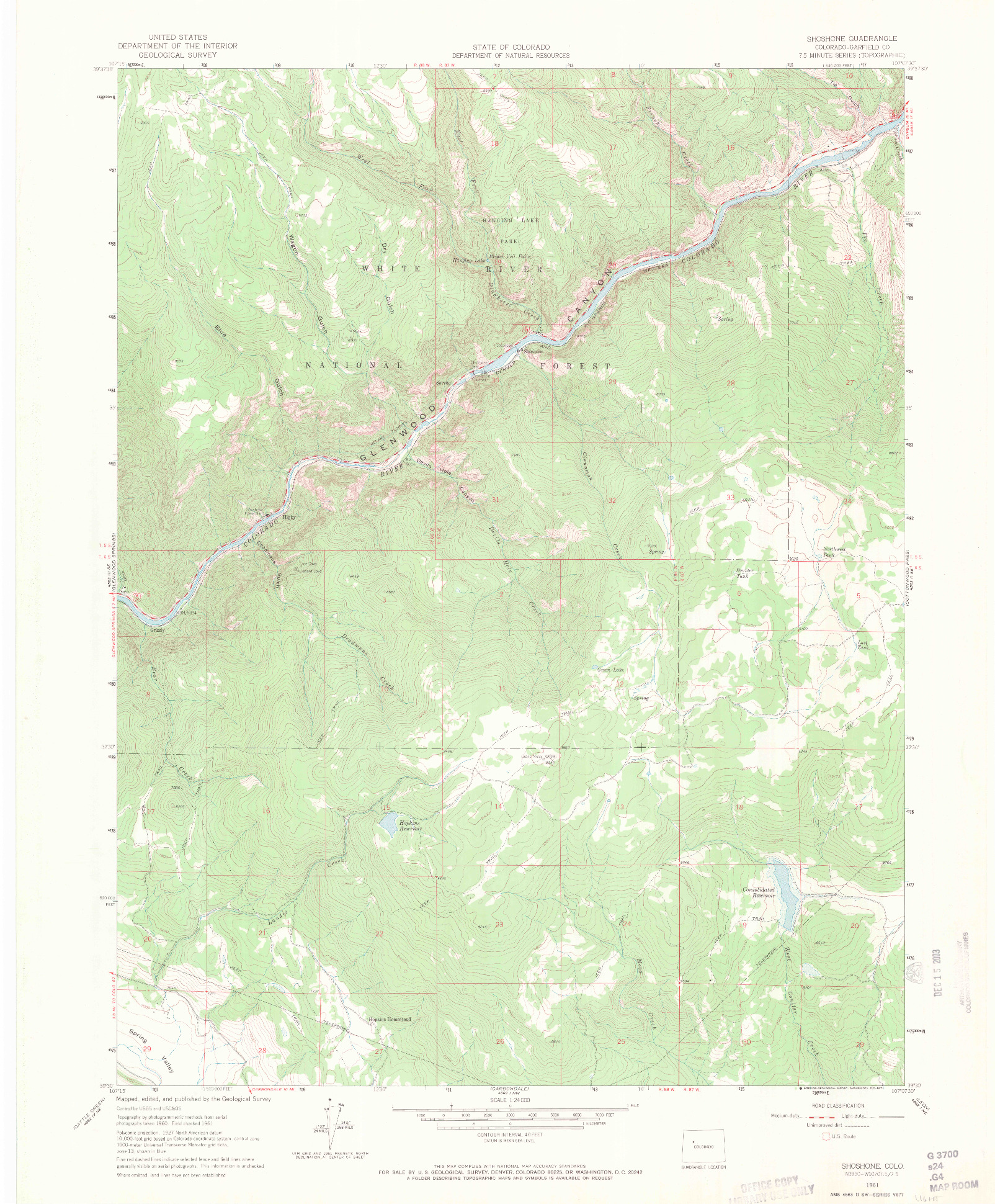 USGS 1:24000-SCALE QUADRANGLE FOR SHOSHONE, CO 1961