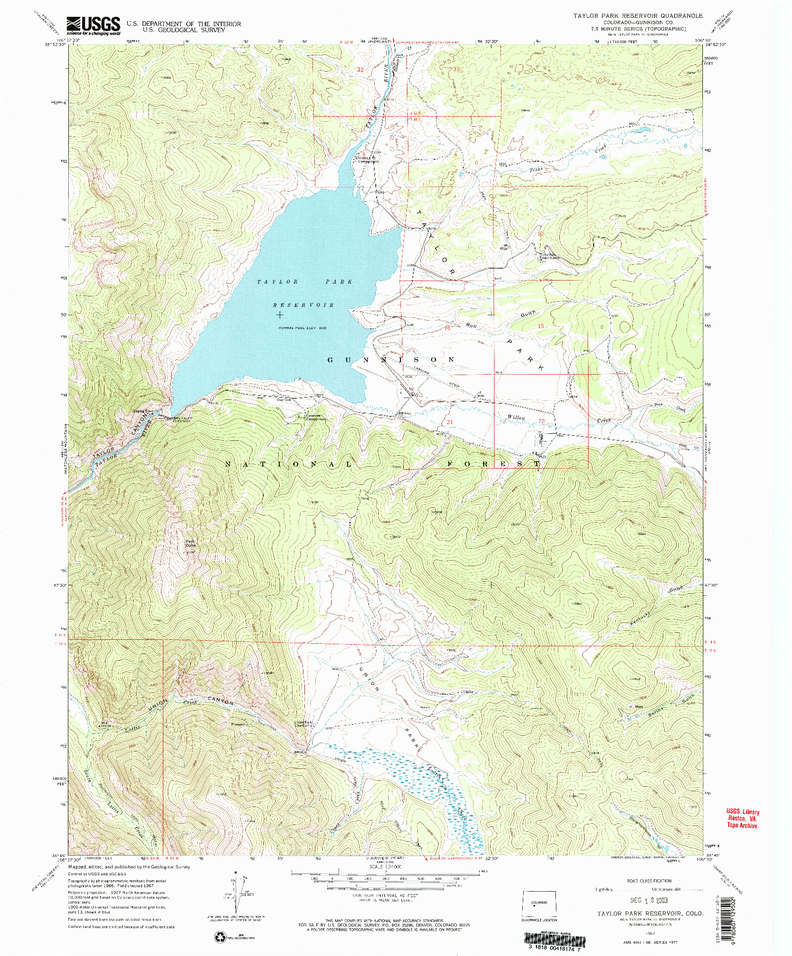 USGS 1:24000-SCALE QUADRANGLE FOR TAYLOR PARK RESERVOIR, CO 1967