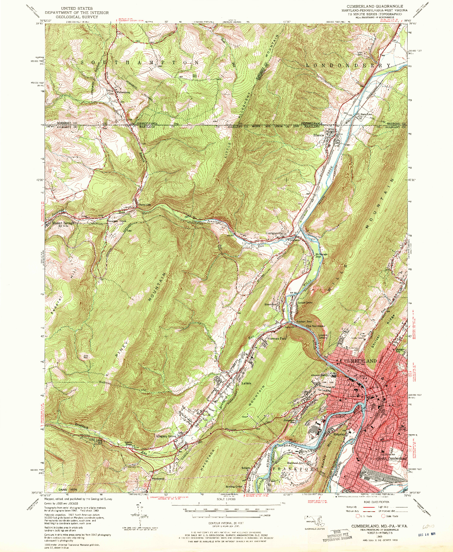 USGS 1:24000-SCALE QUADRANGLE FOR CUMBERLAND, MD 1949