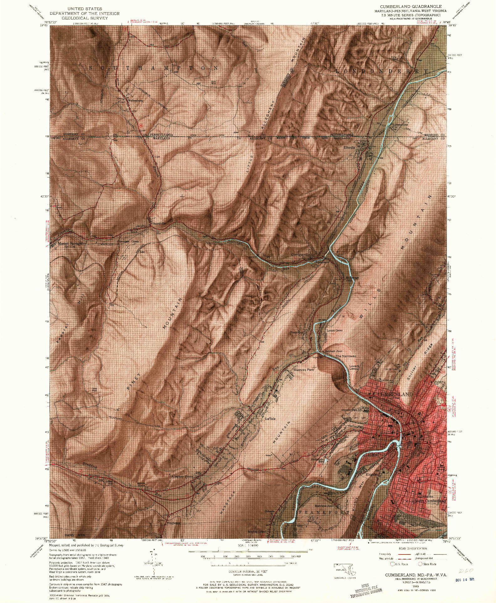 USGS 1:24000-SCALE QUADRANGLE FOR CUMBERLAND, MD 1949