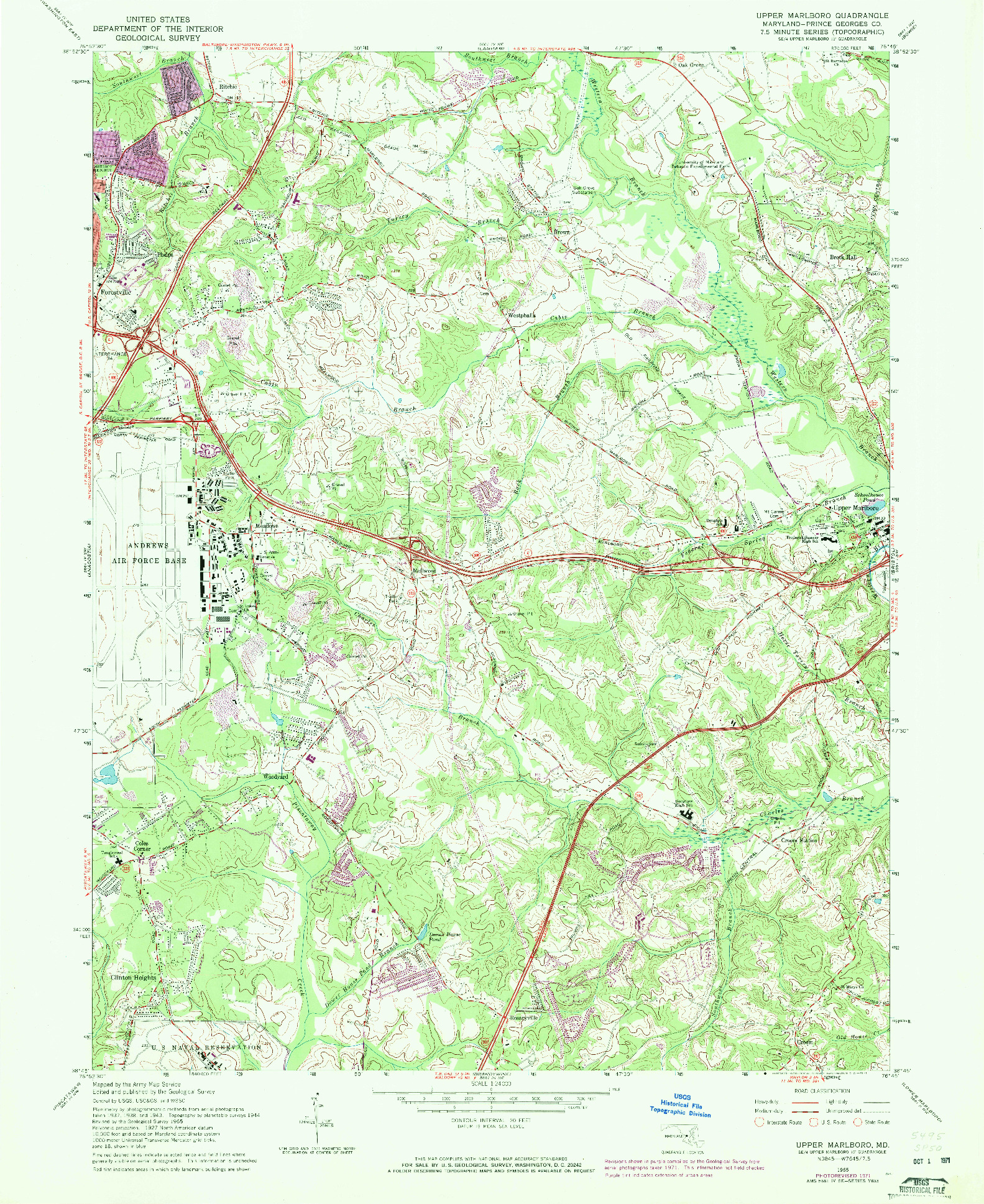 USGS 1:24000-SCALE QUADRANGLE FOR UPPER MARLBORO, MD 1965