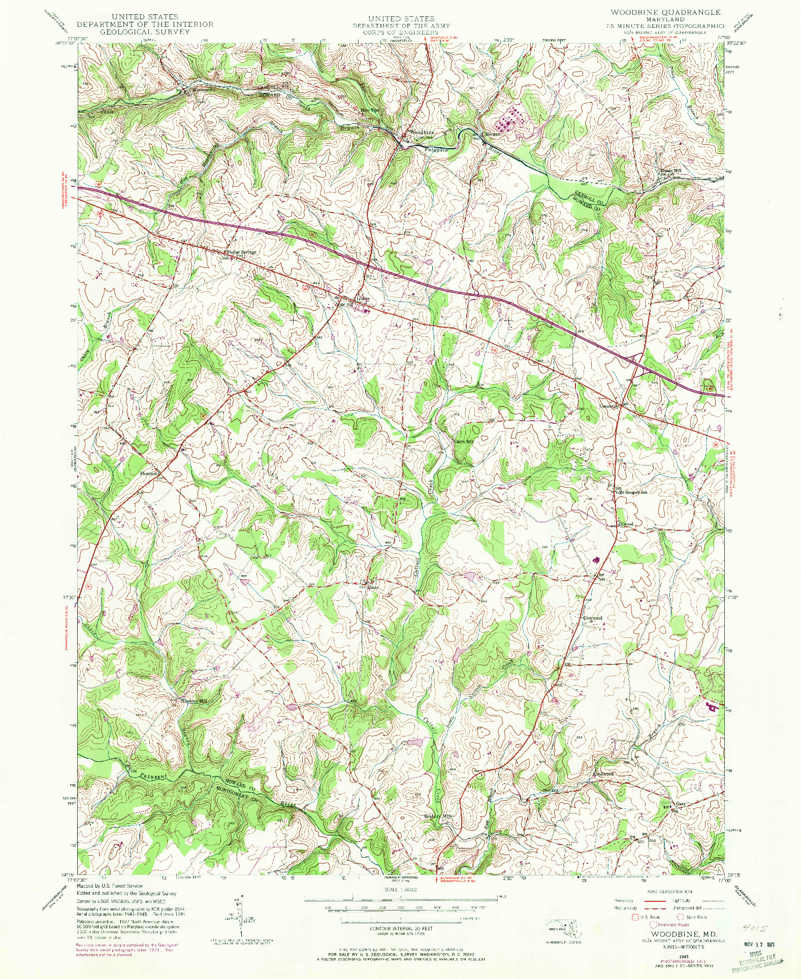 USGS 1:24000-SCALE QUADRANGLE FOR WOODBINE, MD 1945