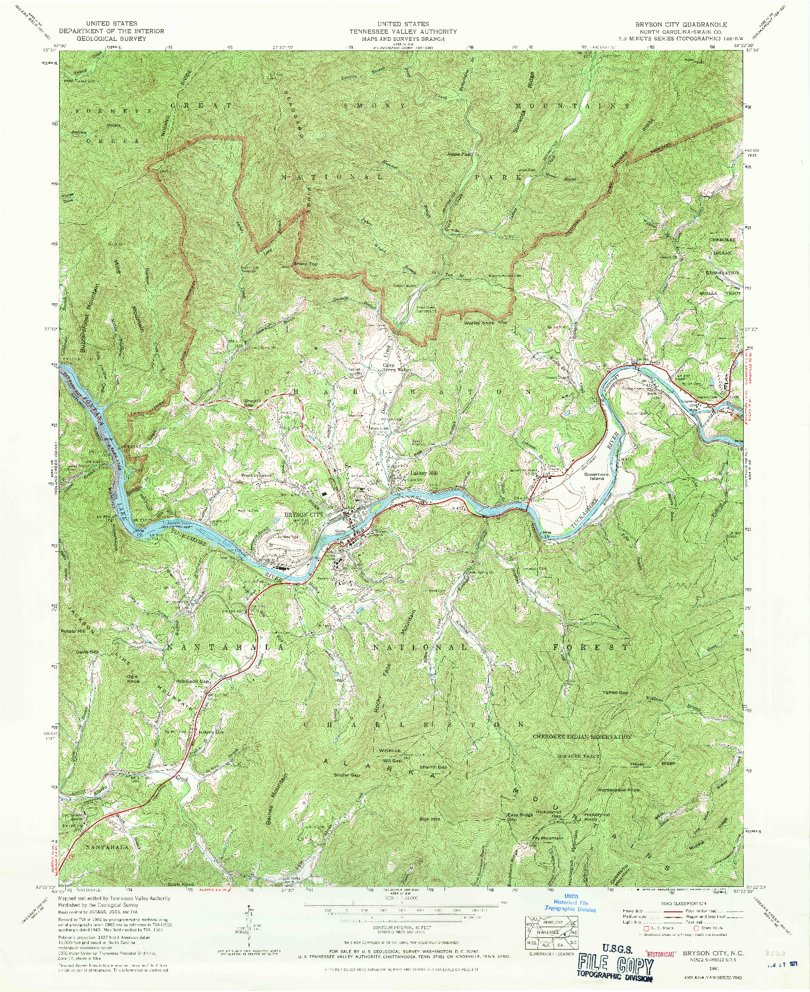 USGS 1:24000-SCALE QUADRANGLE FOR BRYSON CITY, NC 1961