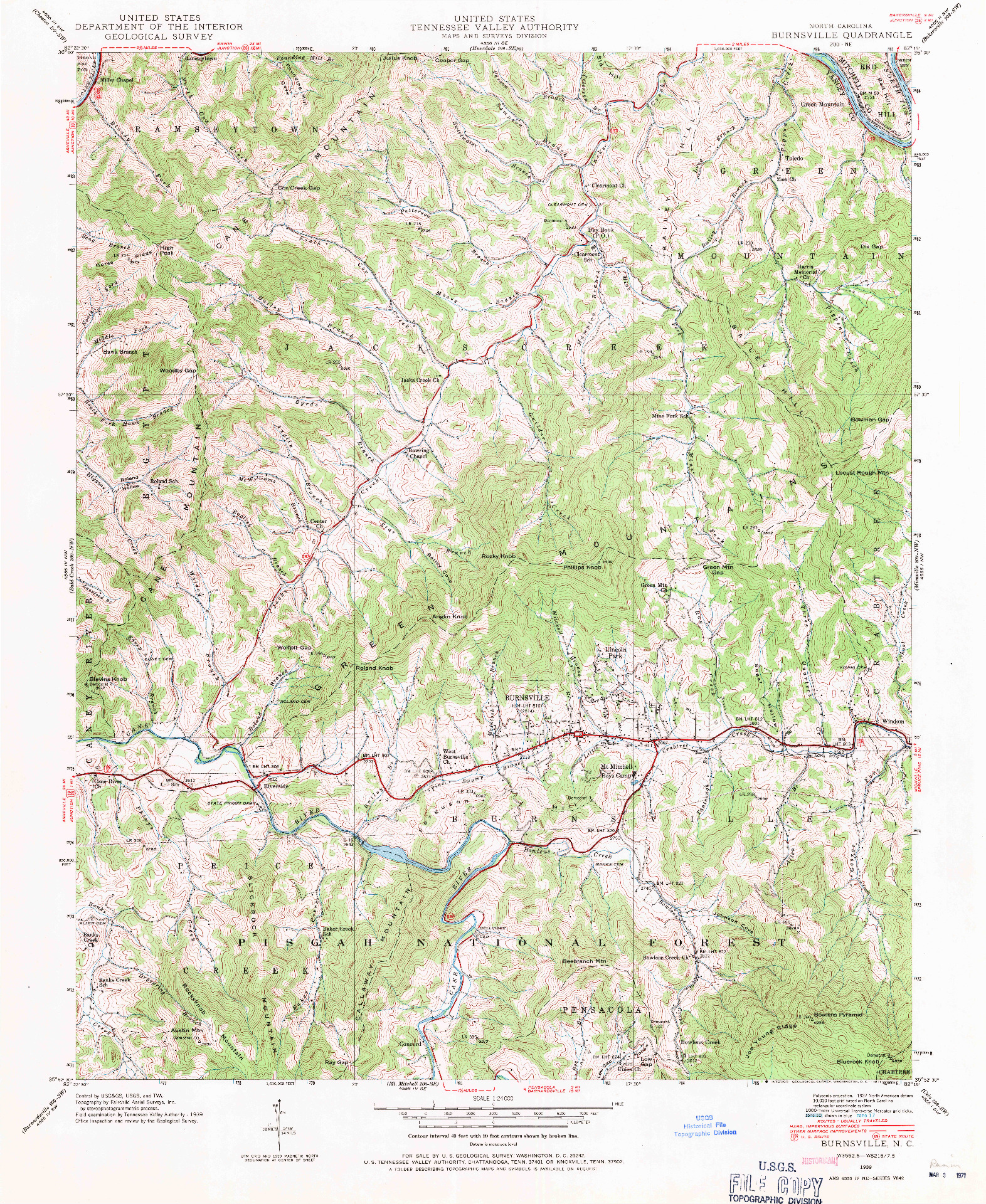 USGS 1:24000-SCALE QUADRANGLE FOR BURNSVILLE, NC 1939