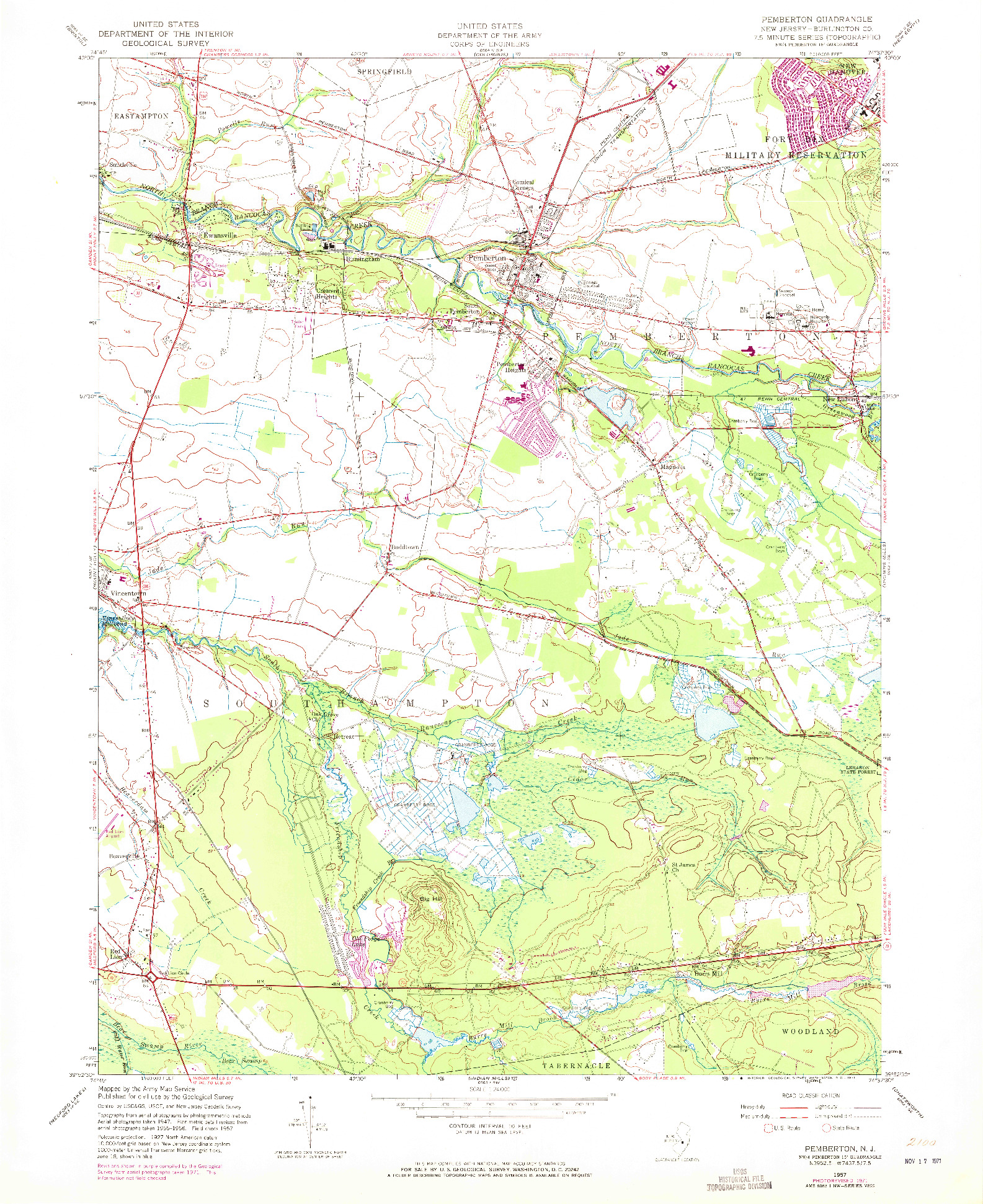 USGS 1:24000-SCALE QUADRANGLE FOR PEMBERTON, NJ 1957