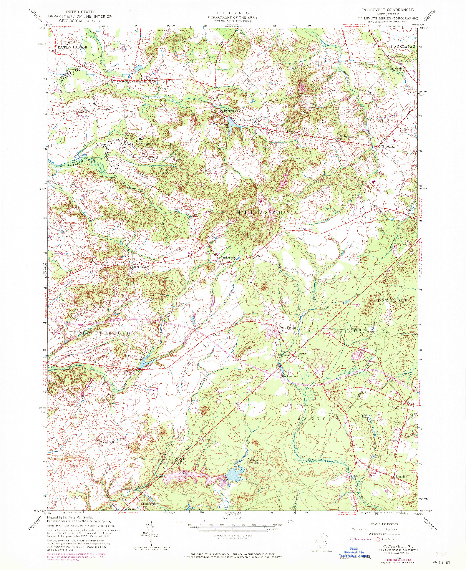 USGS 1:24000-SCALE QUADRANGLE FOR ROOSEVELT, NJ 1957