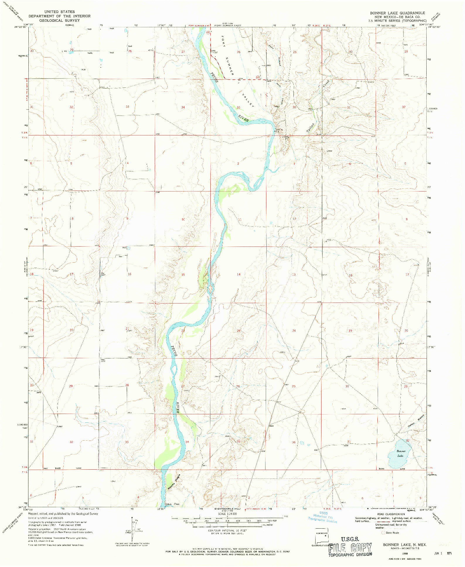 USGS 1:24000-SCALE QUADRANGLE FOR BONNER LAKE, NM 1968