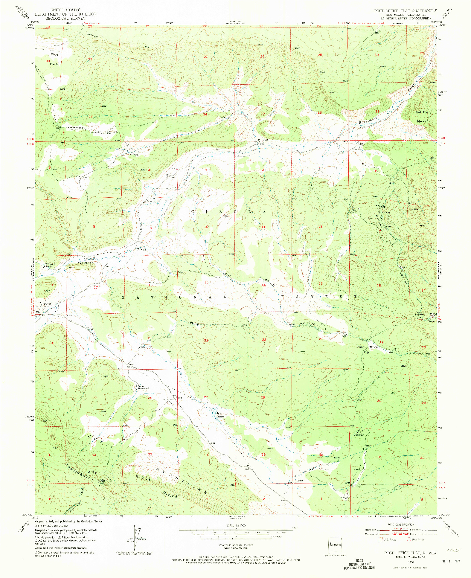 USGS 1:24000-SCALE QUADRANGLE FOR POST OFFICE FLAT, NM 1952