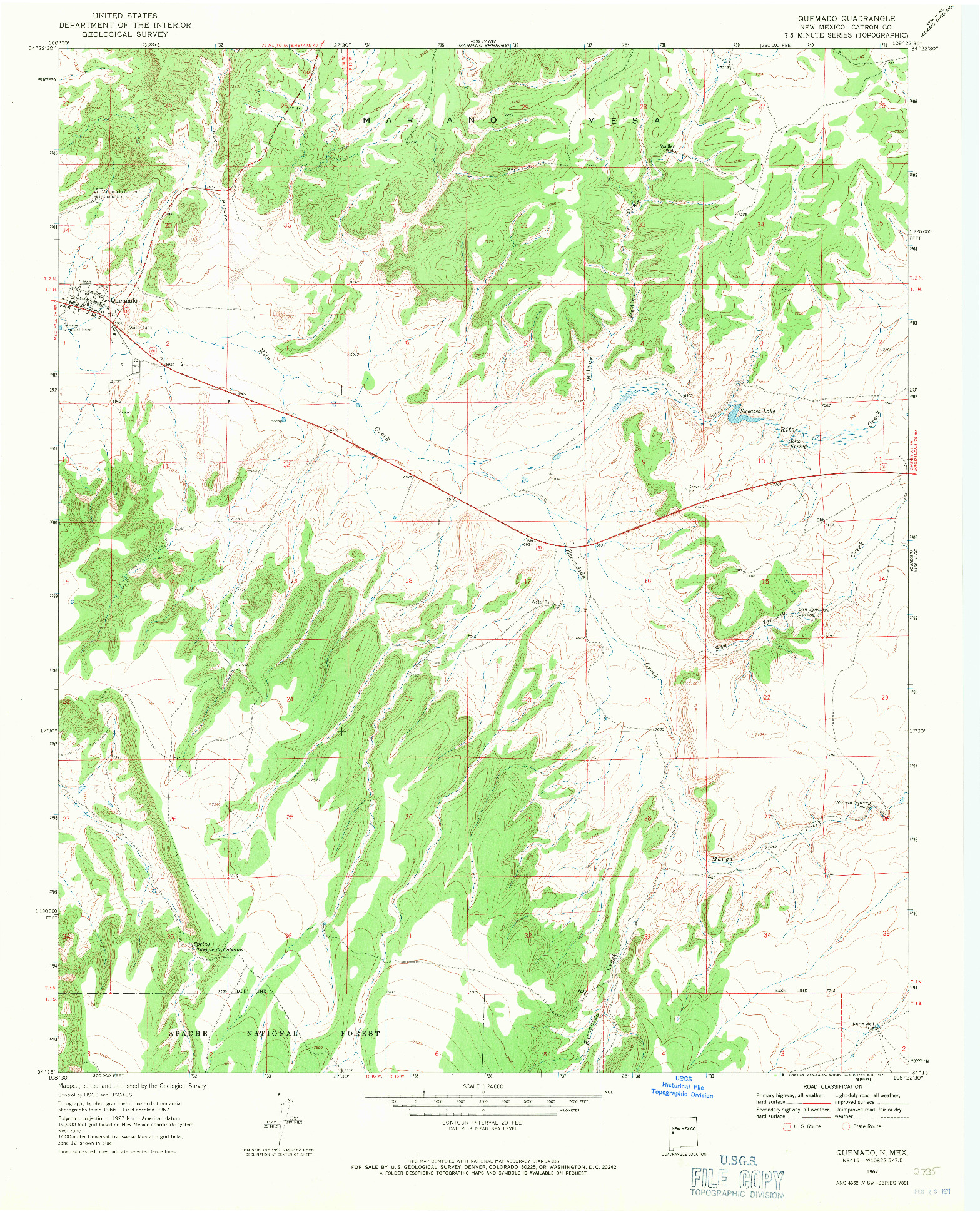 USGS 1:24000-SCALE QUADRANGLE FOR QUEMADO, NM 1967