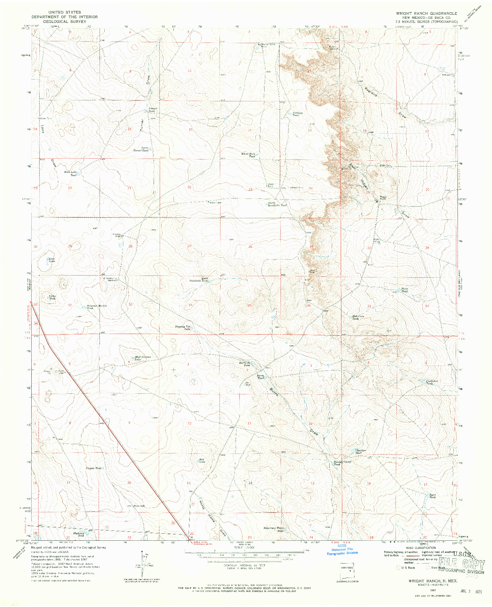 USGS 1:24000-SCALE QUADRANGLE FOR WRIGHT RANCH, NM 1967