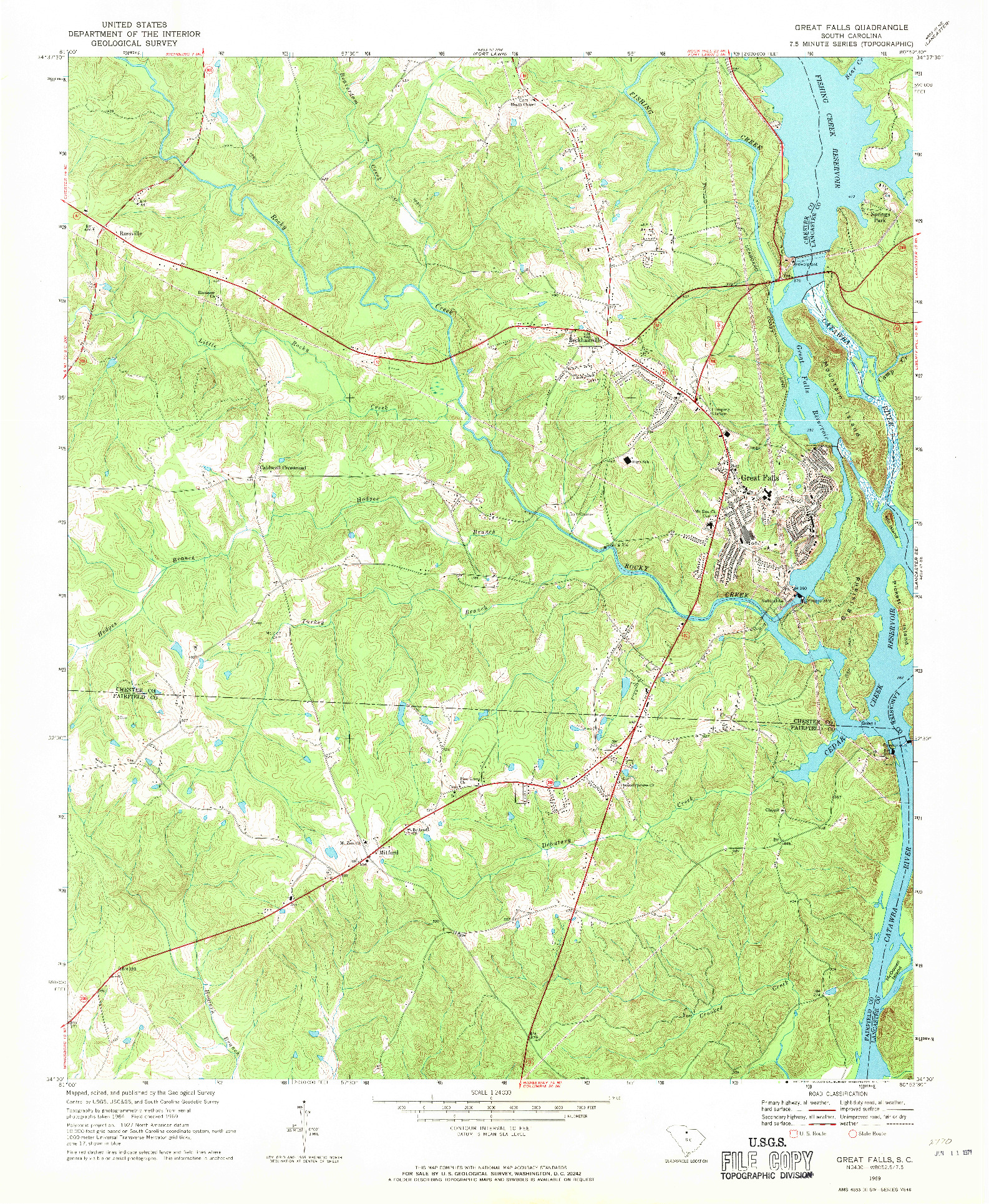 USGS 1:24000-SCALE QUADRANGLE FOR GREAT FALLS, SC 1969