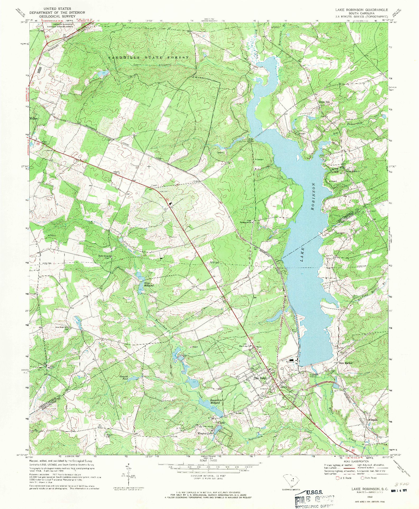 USGS 1:24000-SCALE QUADRANGLE FOR LAKE ROBINSON, SC 1968