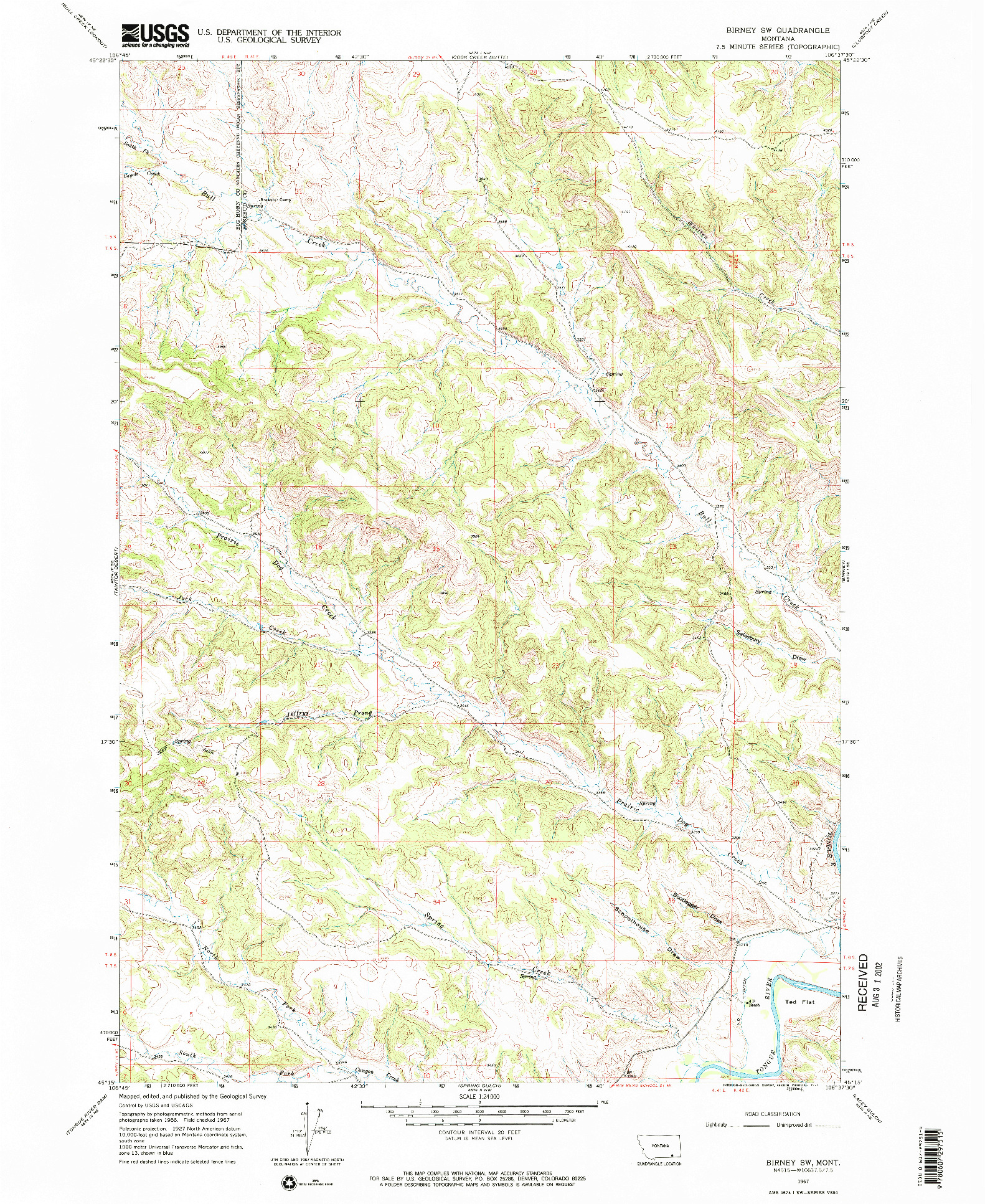 USGS 1:24000-SCALE QUADRANGLE FOR BIRNEY SW, MT 1967