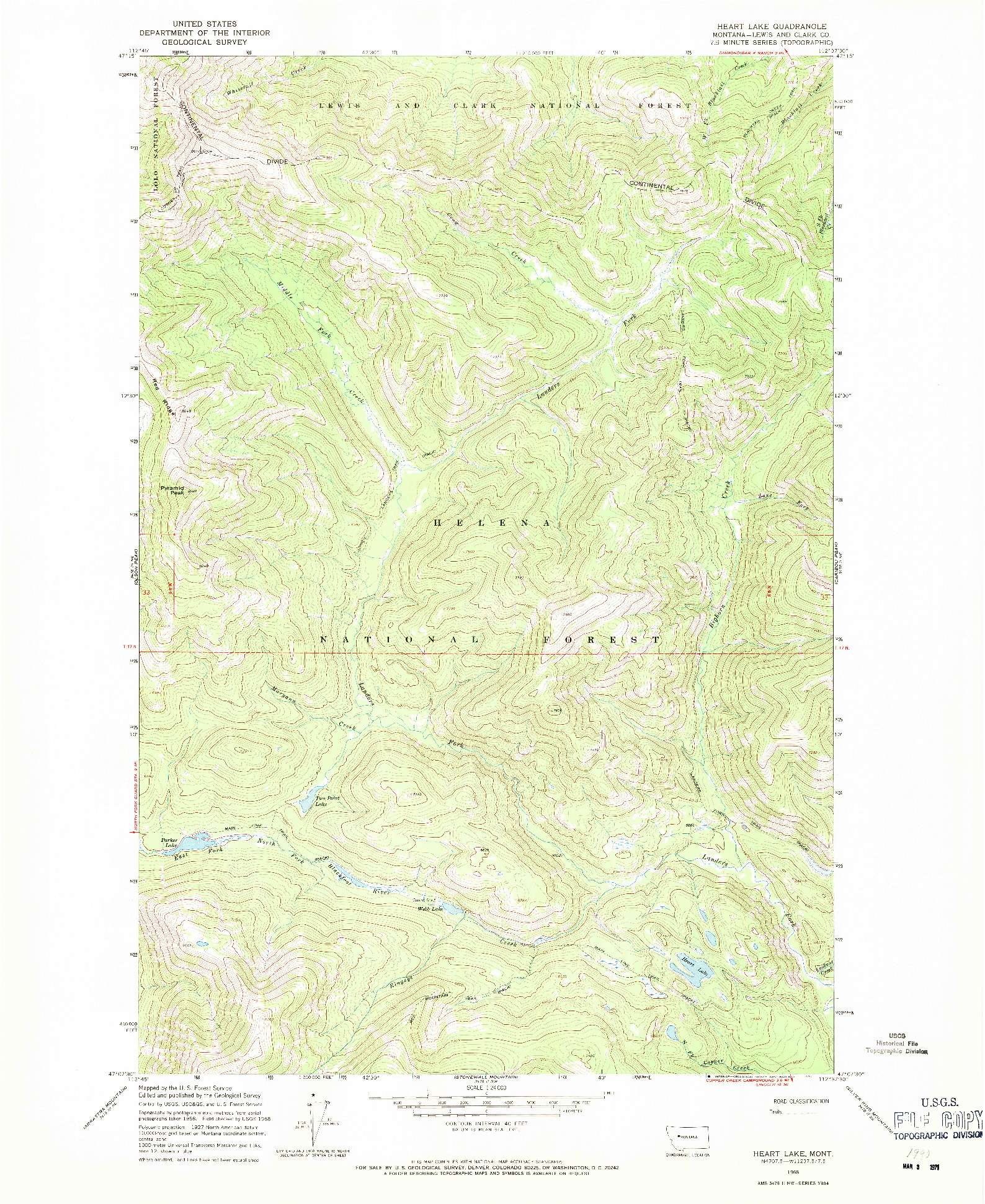 USGS 1:24000-SCALE QUADRANGLE FOR HEART LAKE, MT 1968