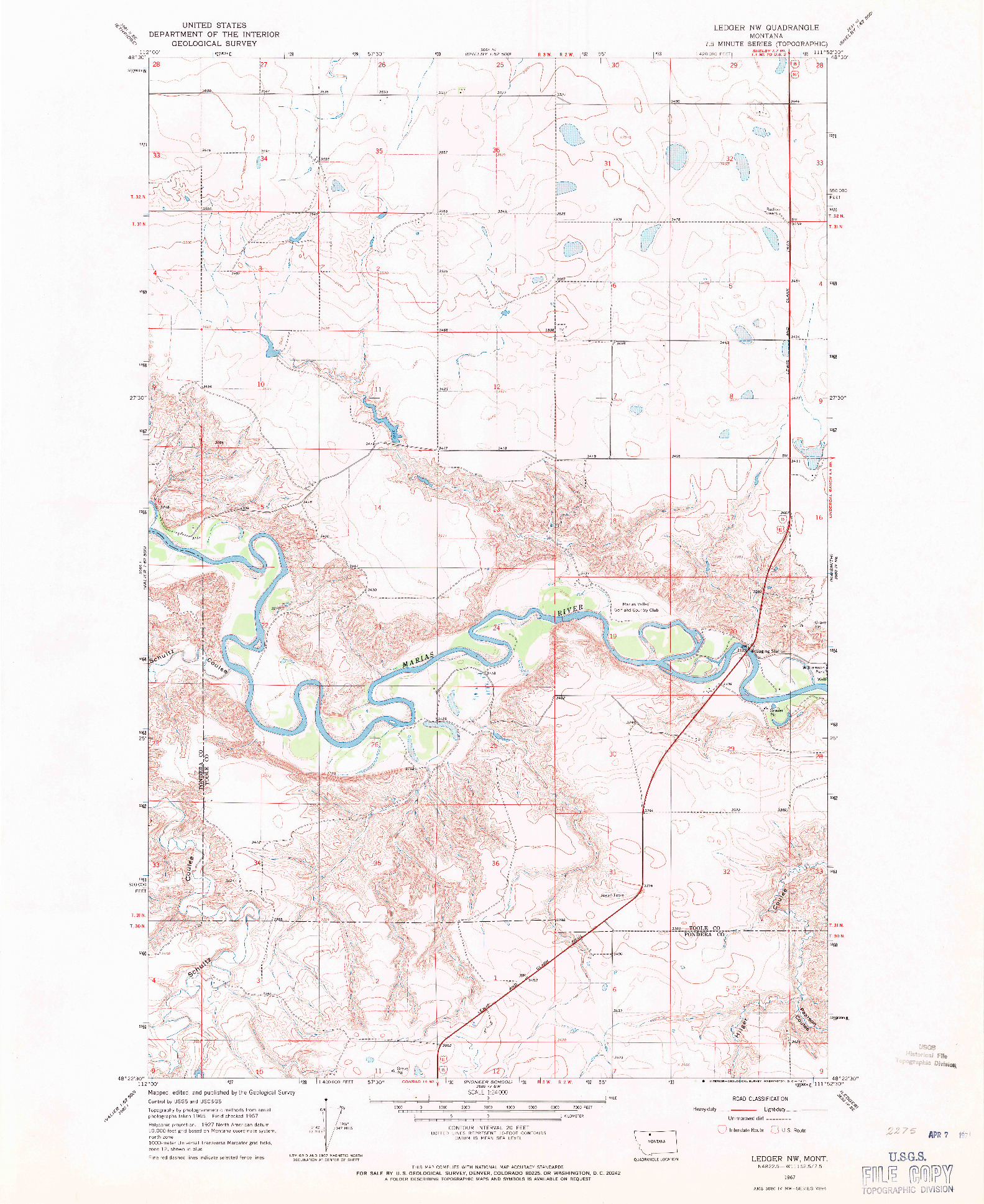 USGS 1:24000-SCALE QUADRANGLE FOR LEDGER NW, MT 1967