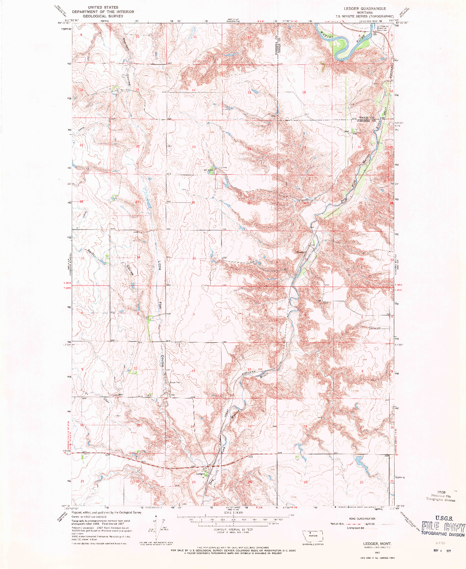 USGS 1:24000-SCALE QUADRANGLE FOR LEDGER, MT 1967
