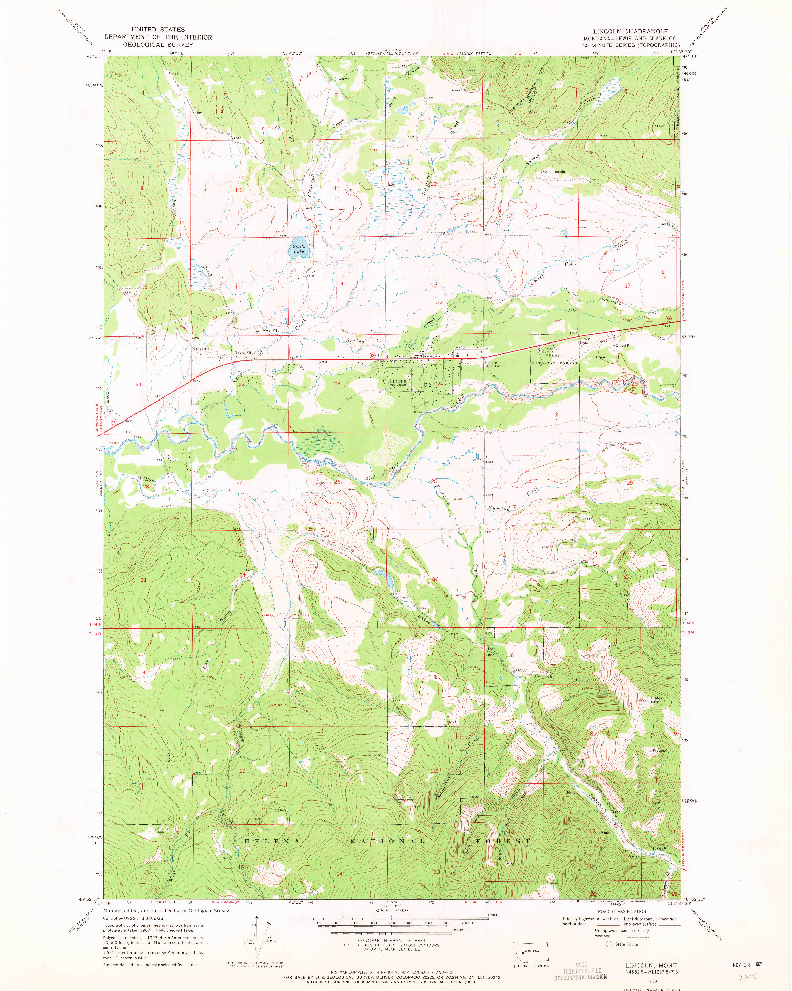 USGS 1:24000-SCALE QUADRANGLE FOR LINCOLN, MT 1968