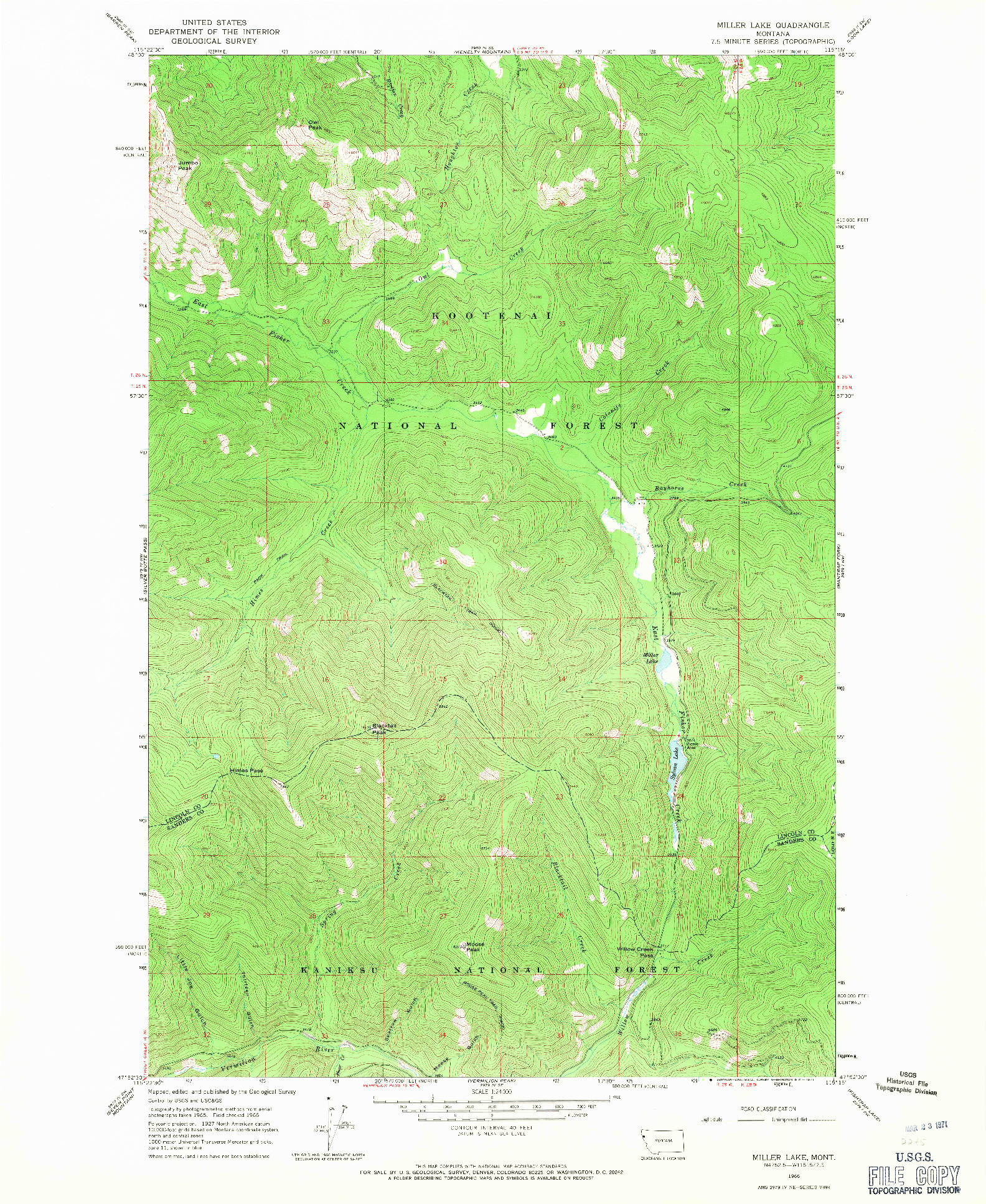 USGS 1:24000-SCALE QUADRANGLE FOR MILLER LAKE, MT 1966