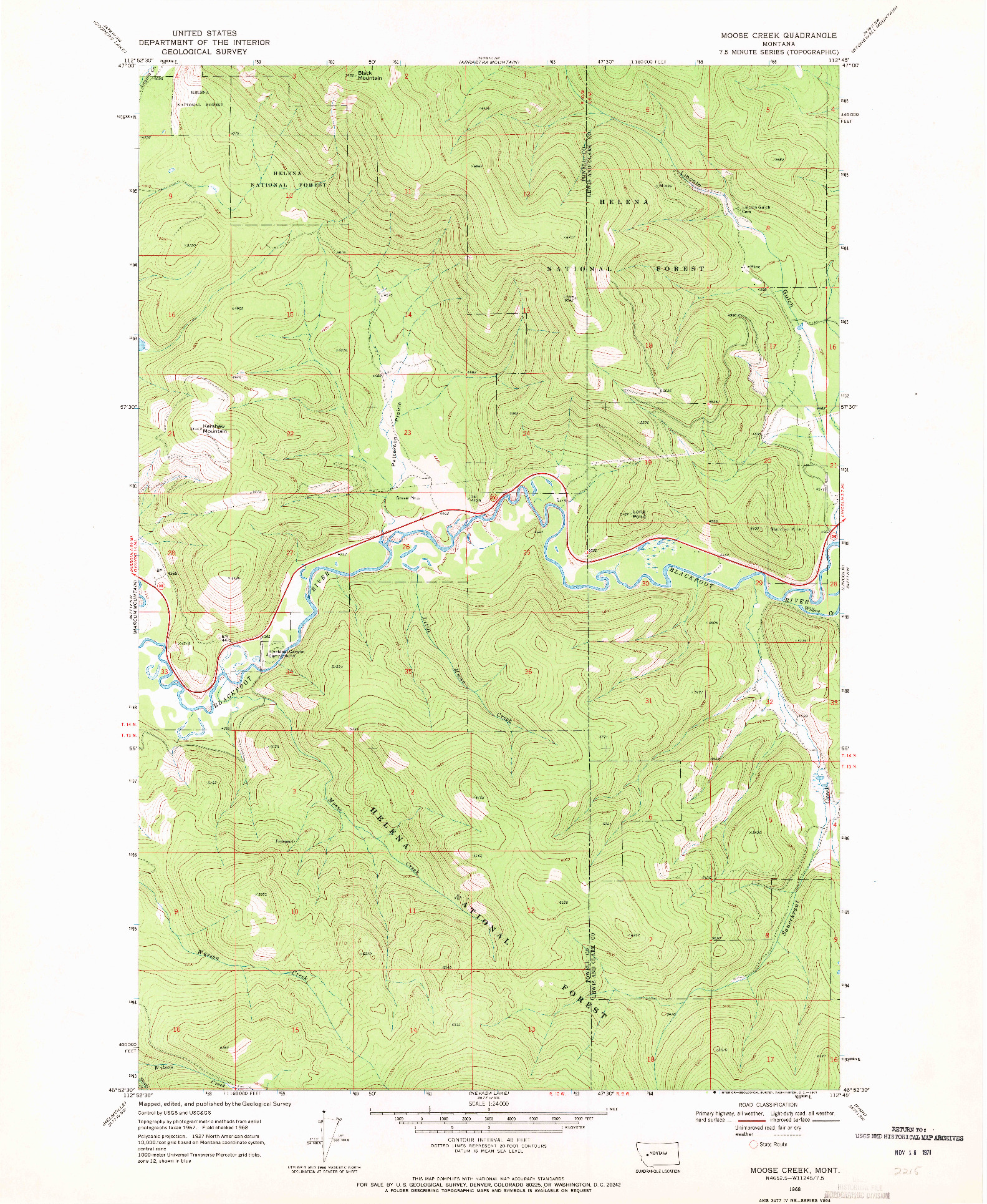 USGS 1:24000-SCALE QUADRANGLE FOR MOOSE CREEK, MT 1968