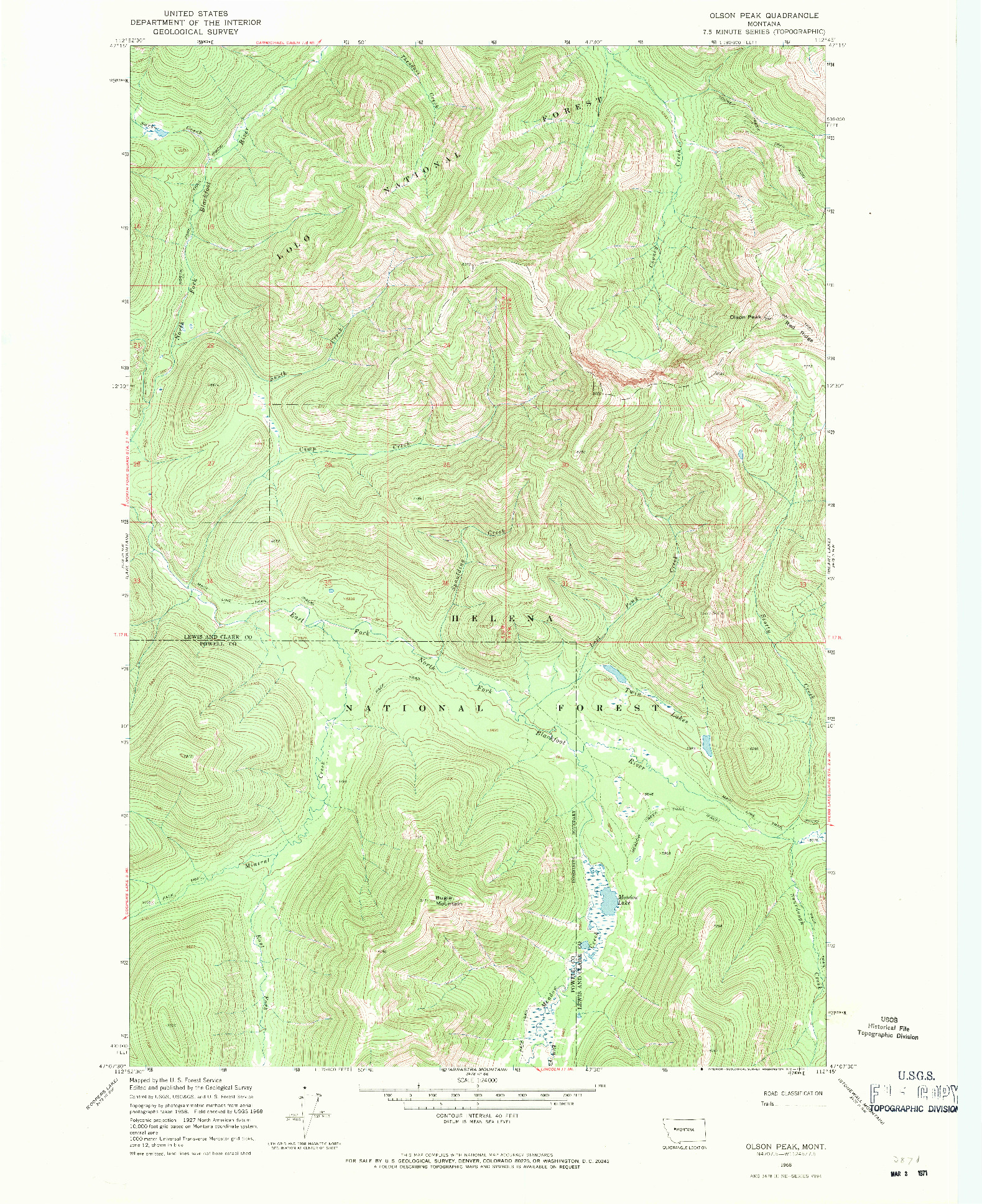 USGS 1:24000-SCALE QUADRANGLE FOR OLSON PEAK, MT 1968