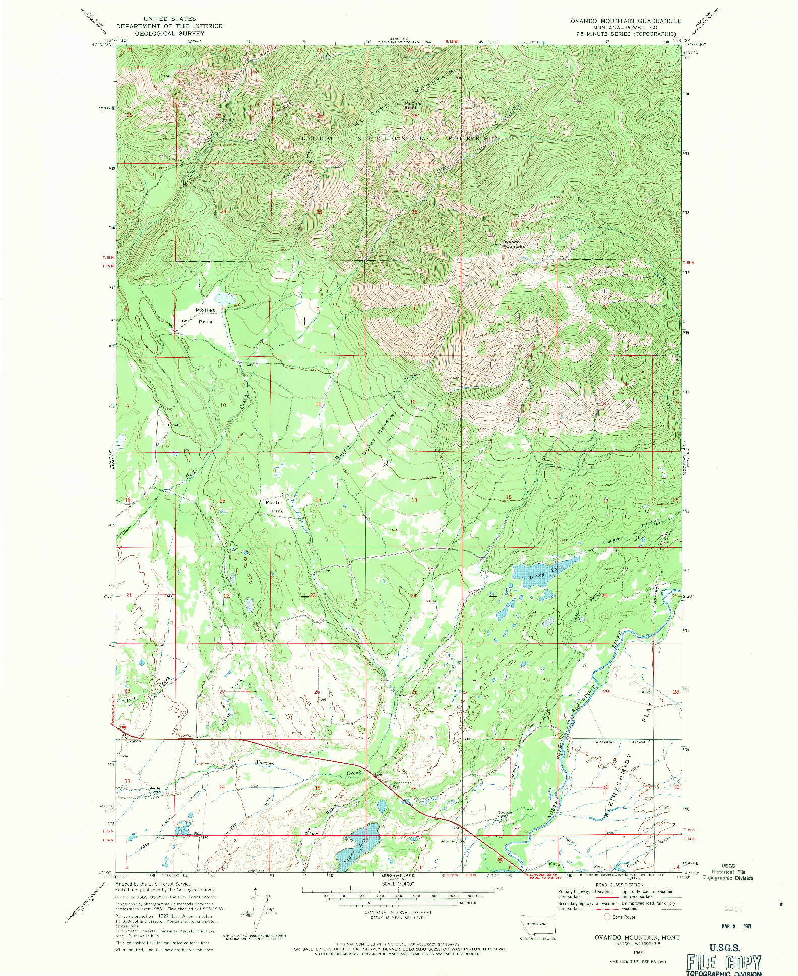 USGS 1:24000-SCALE QUADRANGLE FOR OVANDO MOUNTAIN, MT 1968