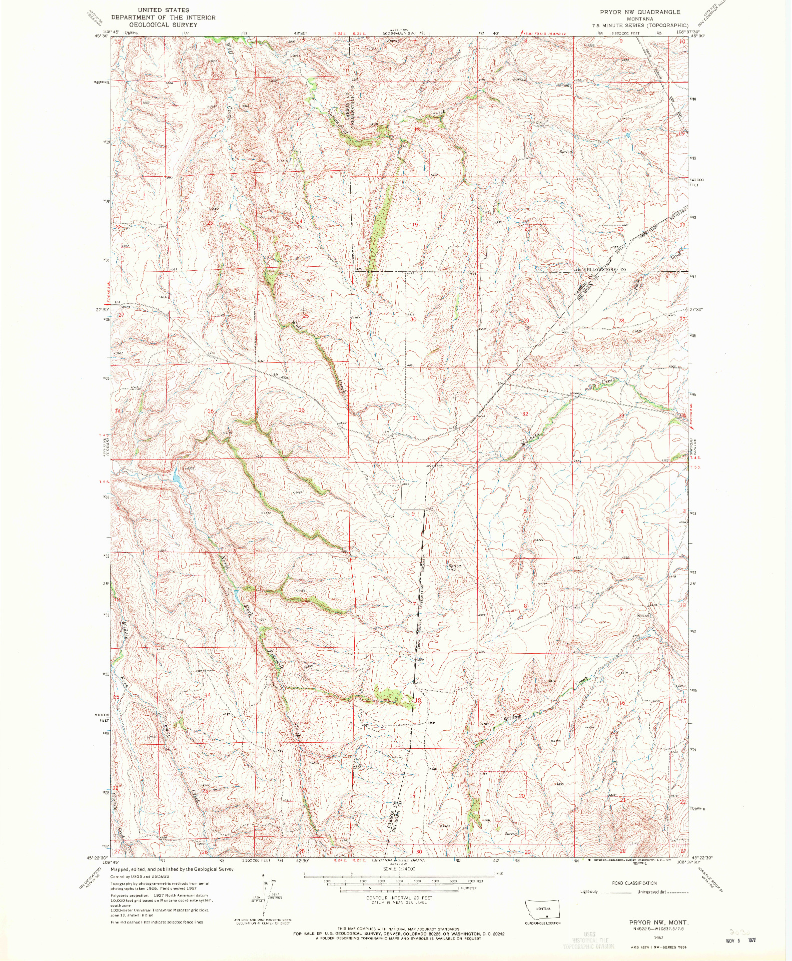 USGS 1:24000-SCALE QUADRANGLE FOR PRYOR NW, MT 1967