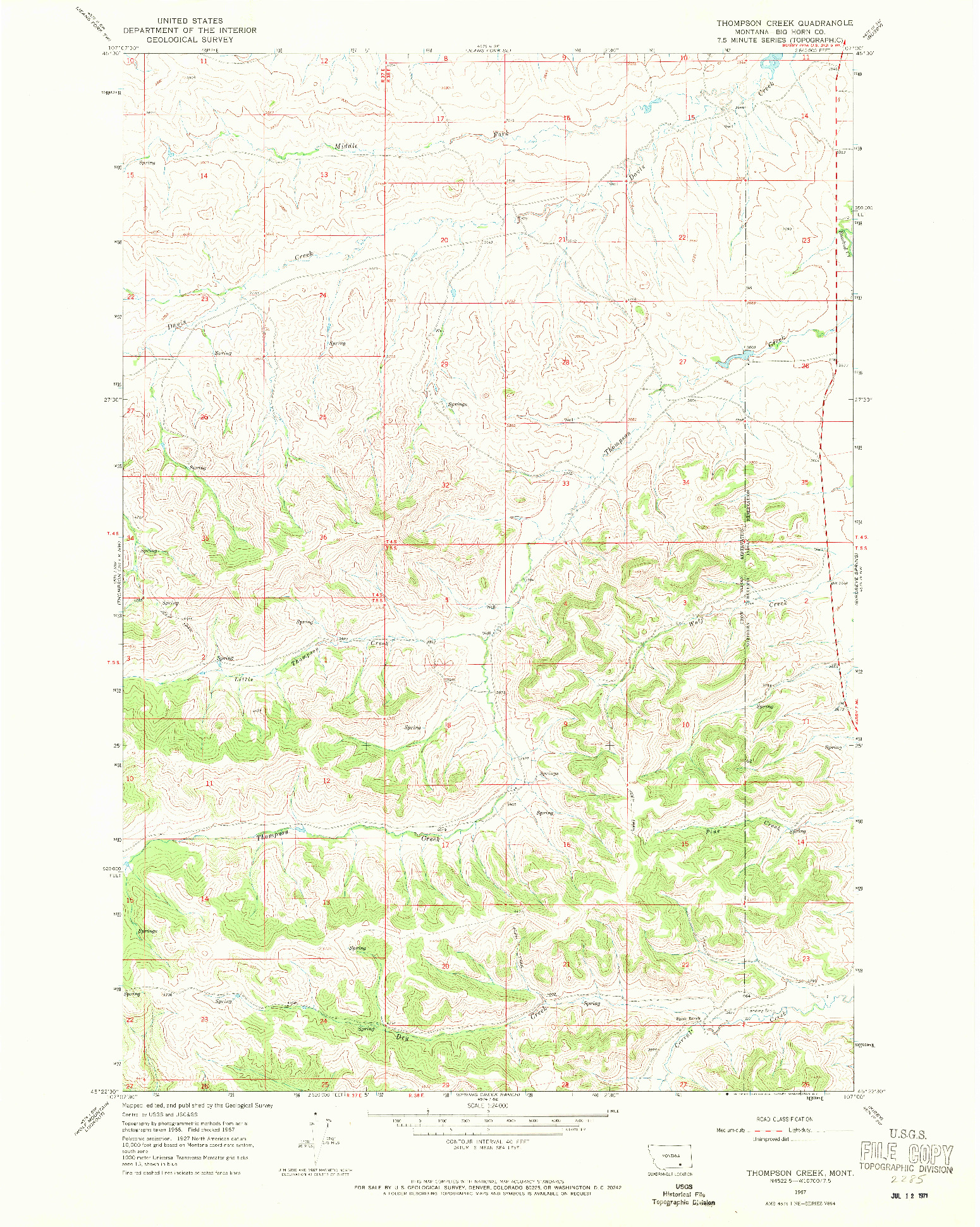 USGS 1:24000-SCALE QUADRANGLE FOR THOMPSON CREEK, MT 1967
