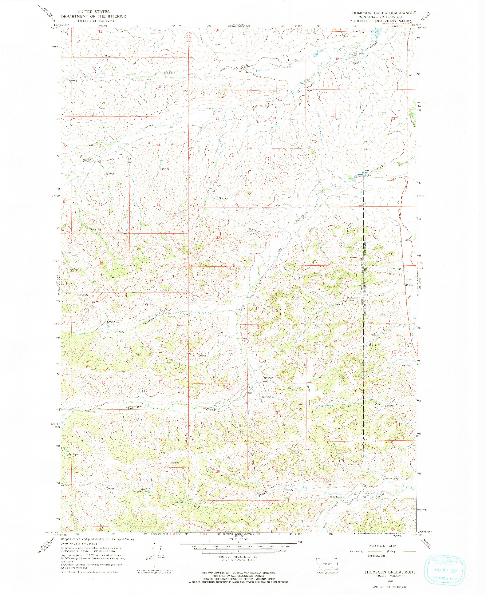 USGS 1:24000-SCALE QUADRANGLE FOR THOMPSON CREEK, MT 1967