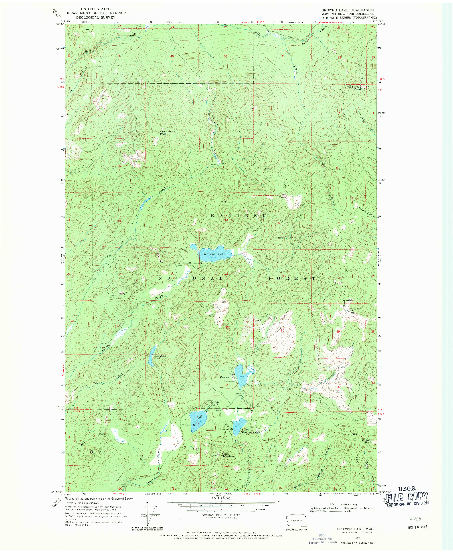 USGS 1:24000-SCALE QUADRANGLE FOR BROWNS LAKE, WA 1968