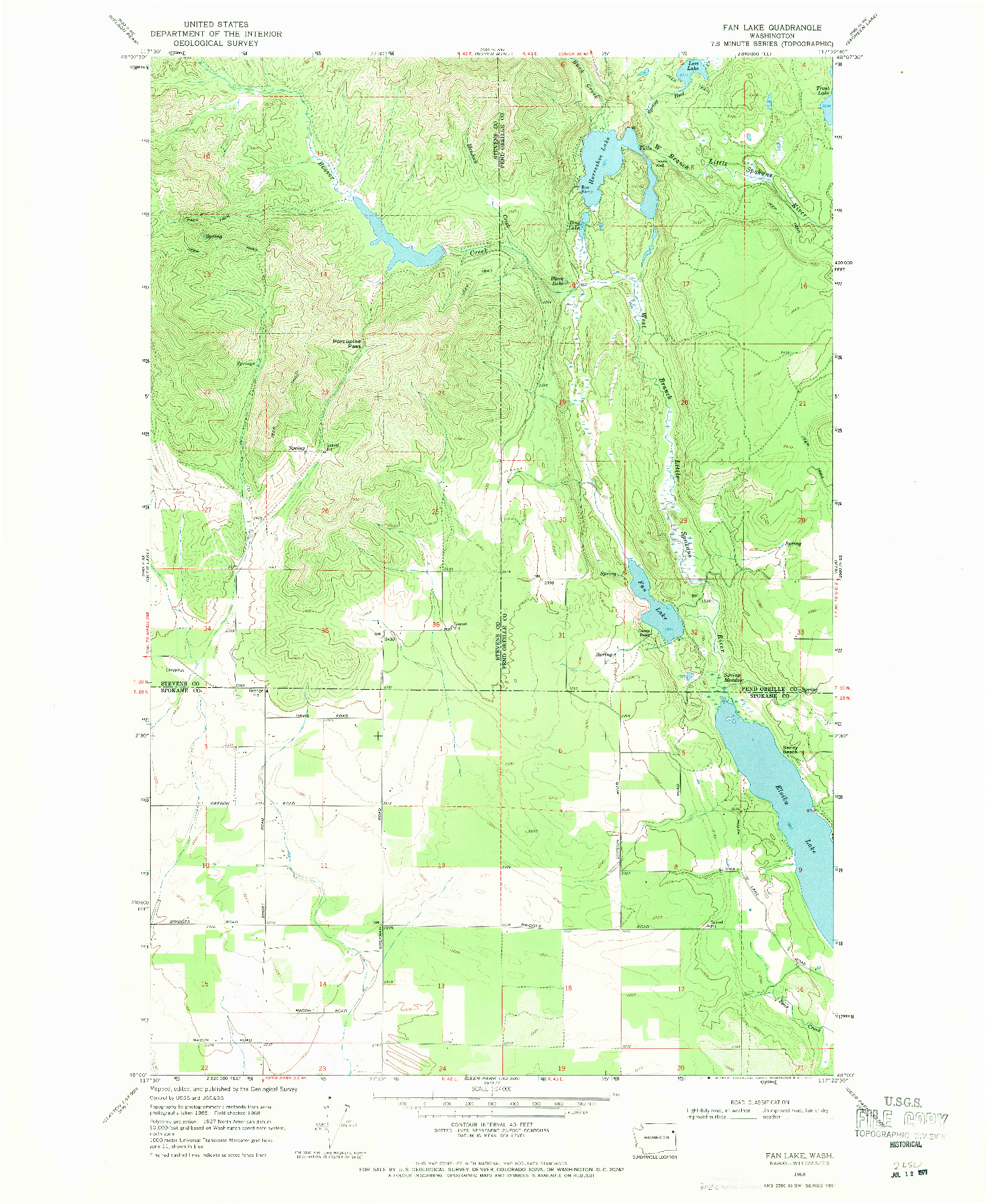 USGS 1:24000-SCALE QUADRANGLE FOR FAN LAKE, WA 1968