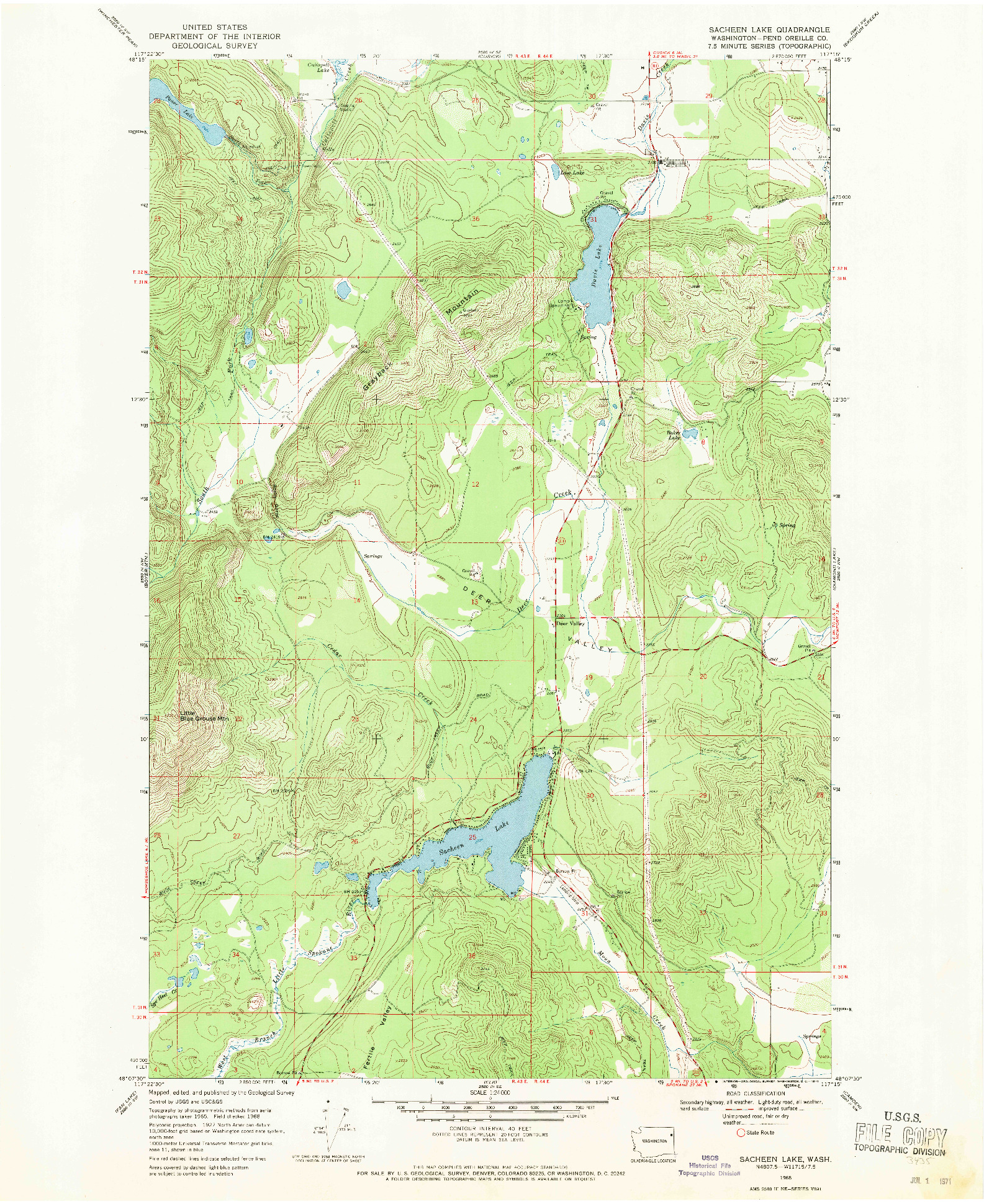 USGS 1:24000-SCALE QUADRANGLE FOR SACHEEN LAKE, WA 1968