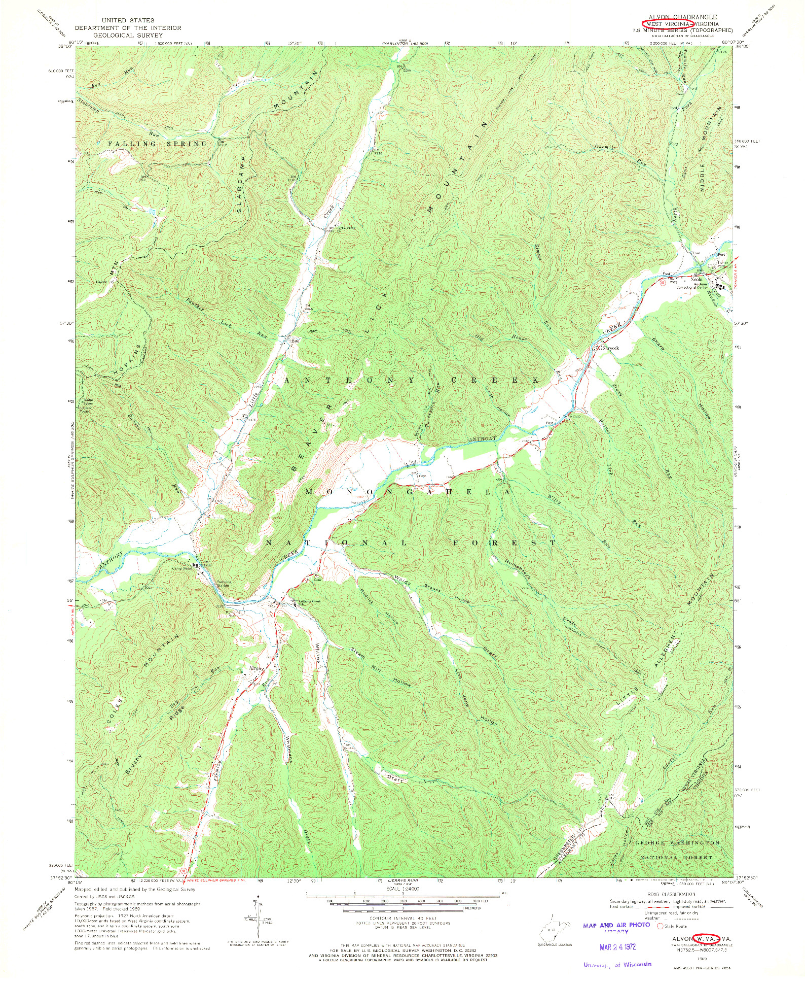 USGS 1:24000-SCALE QUADRANGLE FOR ALVON, WV 1969