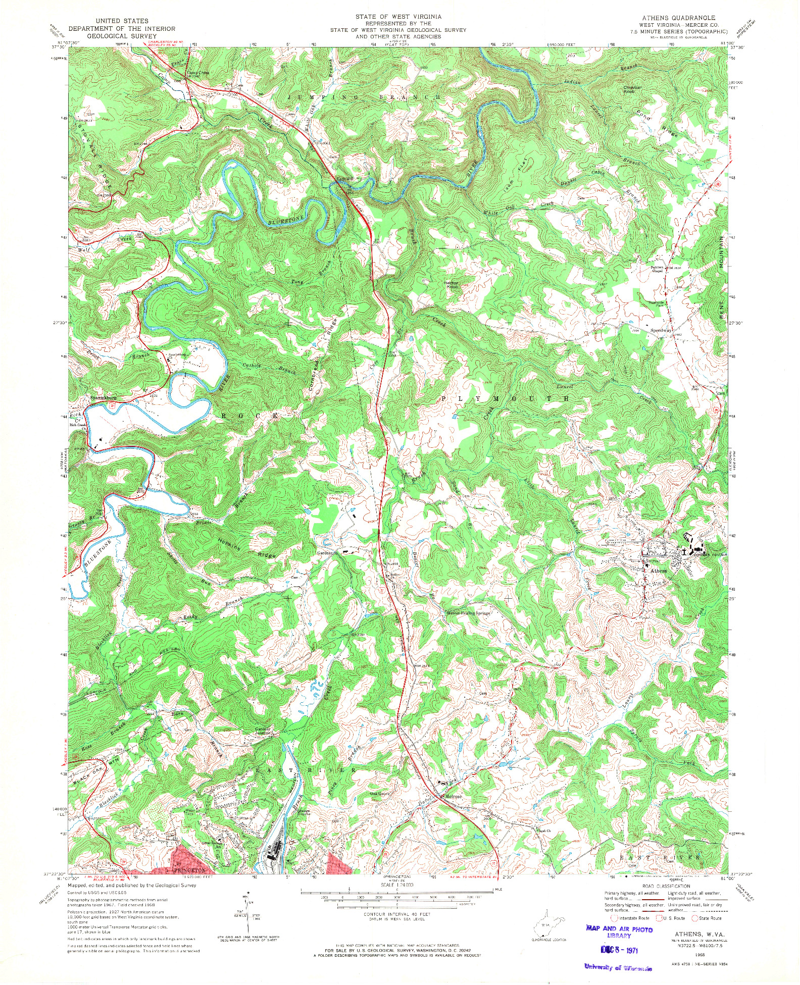 USGS 1:24000-SCALE QUADRANGLE FOR ATHENS, WV 1968