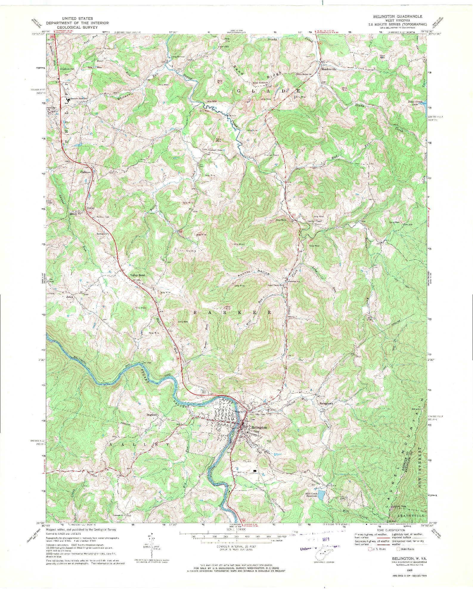 USGS 1:24000-SCALE QUADRANGLE FOR BELINGTON, WV 1969